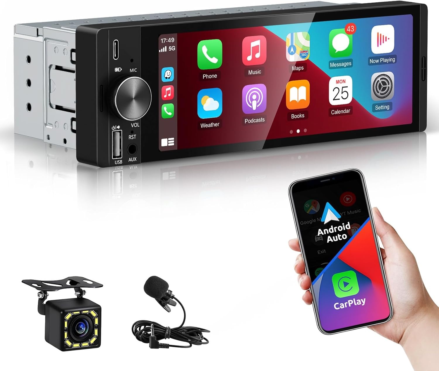 ESSGOO Autoradio 6.36 inch HD IPS met Draadloze CarPlay & Android Auto, Bluetooth, Achteruitrijcamera en Stembediening