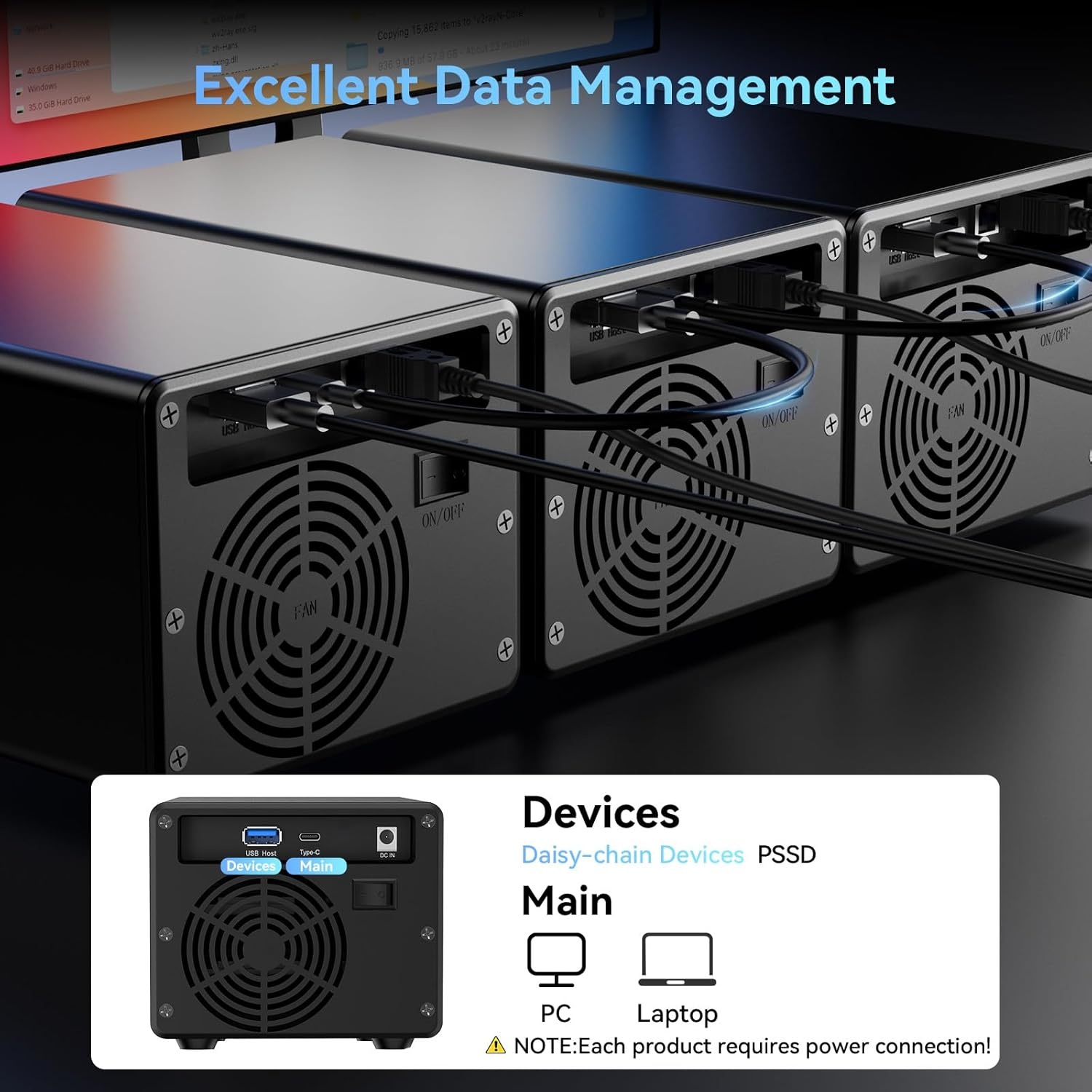 Harde Schijf Behuizing, Cenmate 3 bay Aluminium HDD Behuizing met Ventilator voor 2,5 inch / 3,5 inch SATA HDD/SSD met USB 3.2 Gen 2 10Gbps type C/A kabel, Kunststof Tablet Zonder Gereedschap, DAT