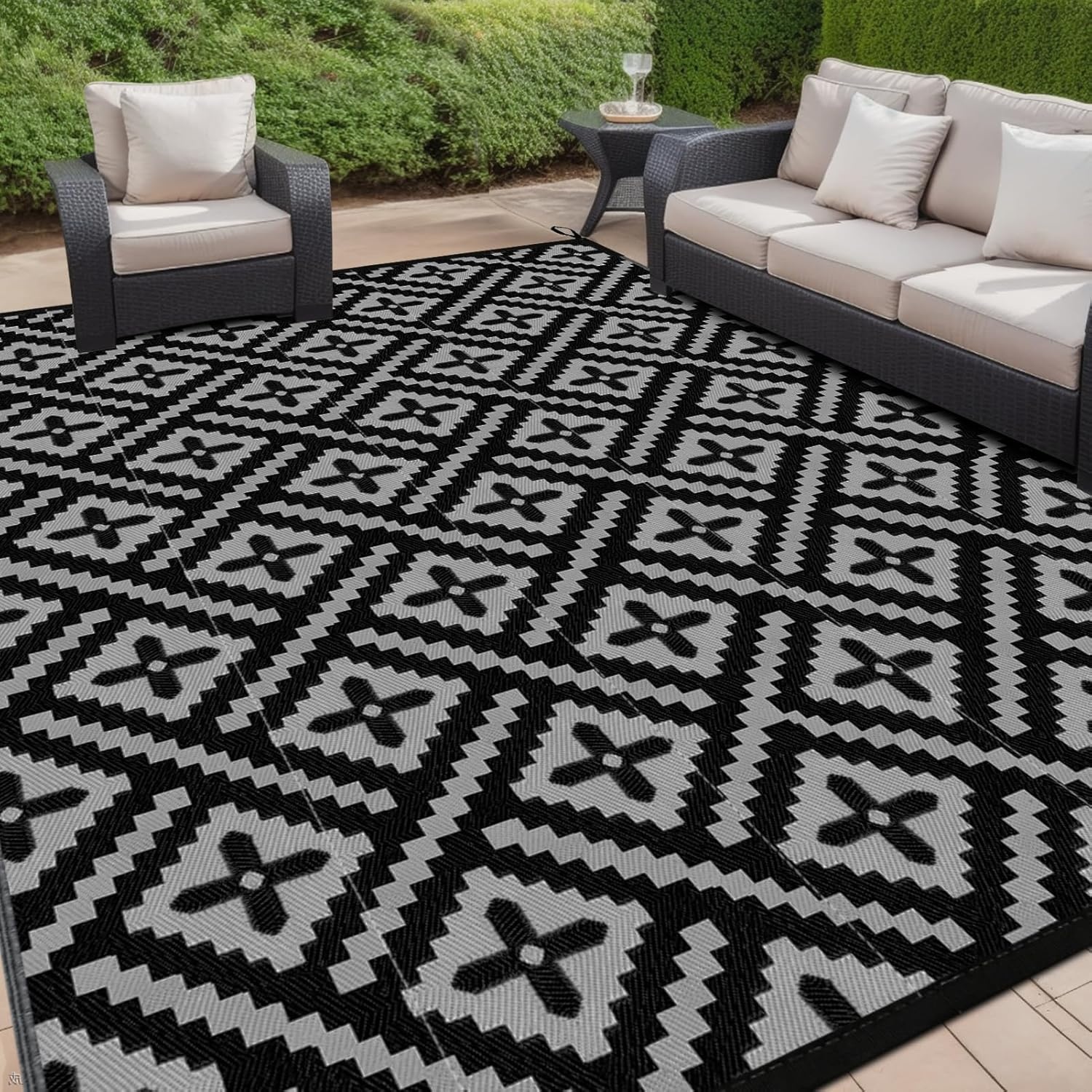 Geometrie plastic stro buitentapijt, vlekbestendig, uv-bestendig, omkeerbaar terrastapijt, waterdicht, groot campingtapijt voor binnen, buiten voor camper, veranda, achtertuin terras,