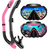 Snorkelset voor volwassenen, duikbril met snorkelbril en droge snorkel, snorkelmasker, duikbril van gehard glas, duikbril met snorkel, zwart en roze