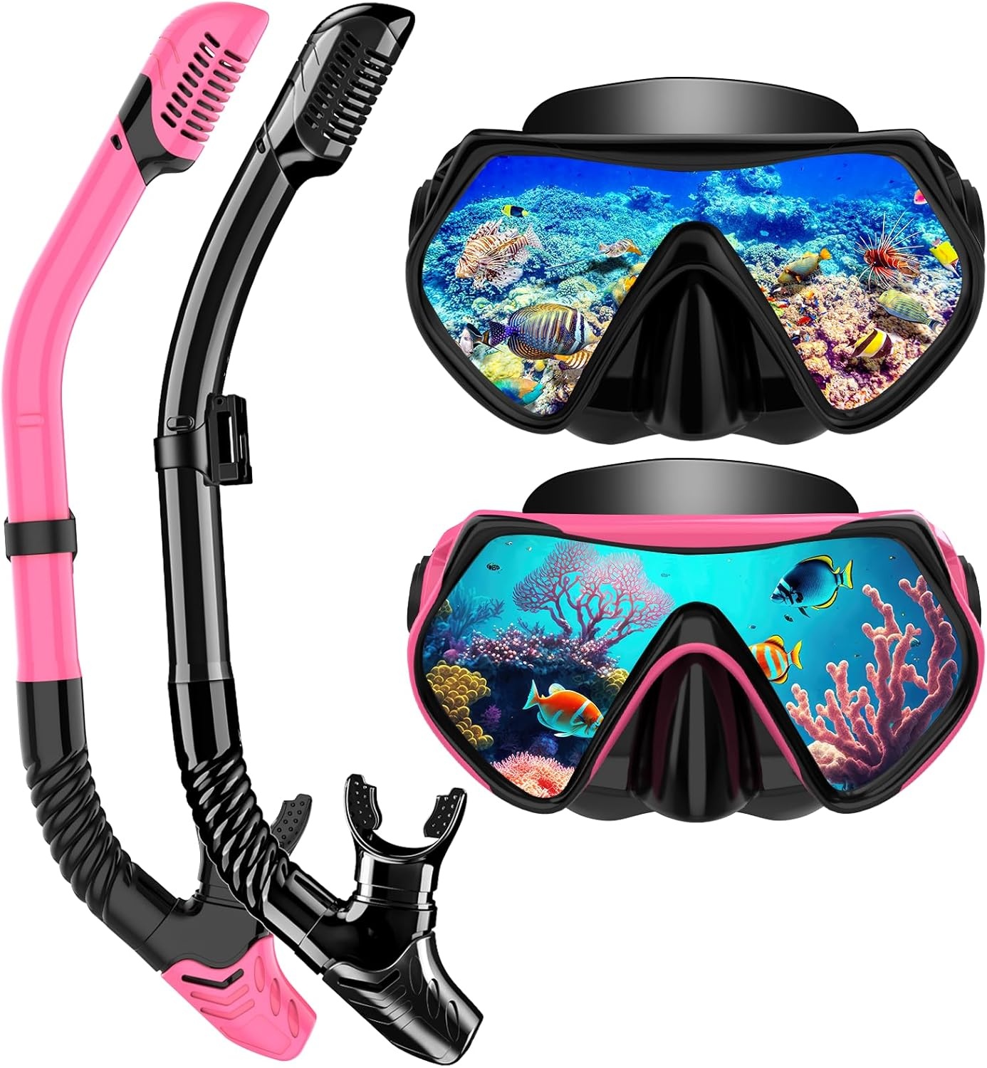 Snorkelset voor volwassenen, duikbril met snorkelbril en droge snorkel, snorkelmasker, duikbril van gehard glas, duikbril met snorkel, zwart en roze