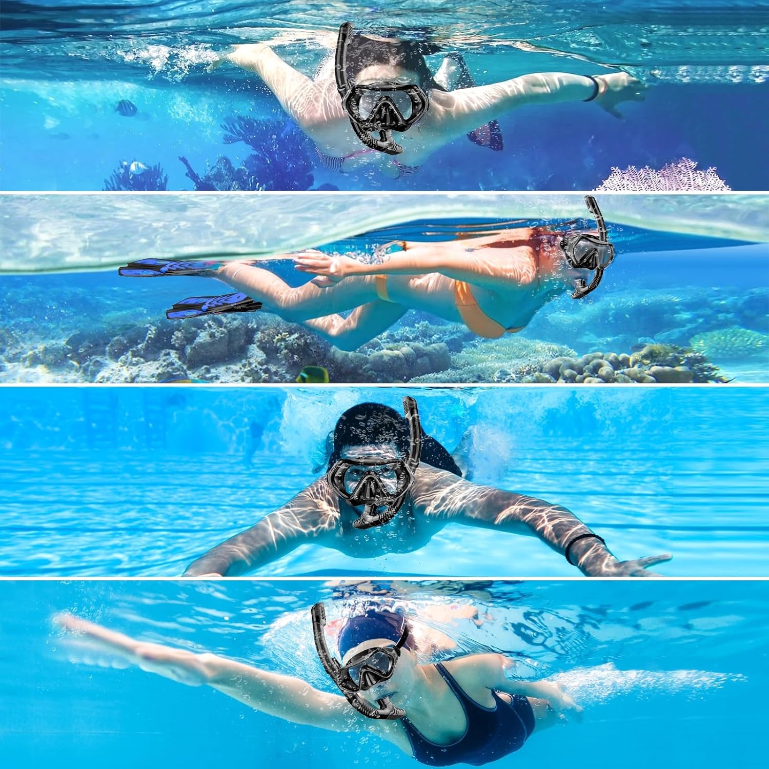 Snorkelset voor volwassenen, duikbril met snorkelbril en droge snorkel, snorkelmasker, duikbril van gehard glas, duikbril met snorkel, zwart en roze