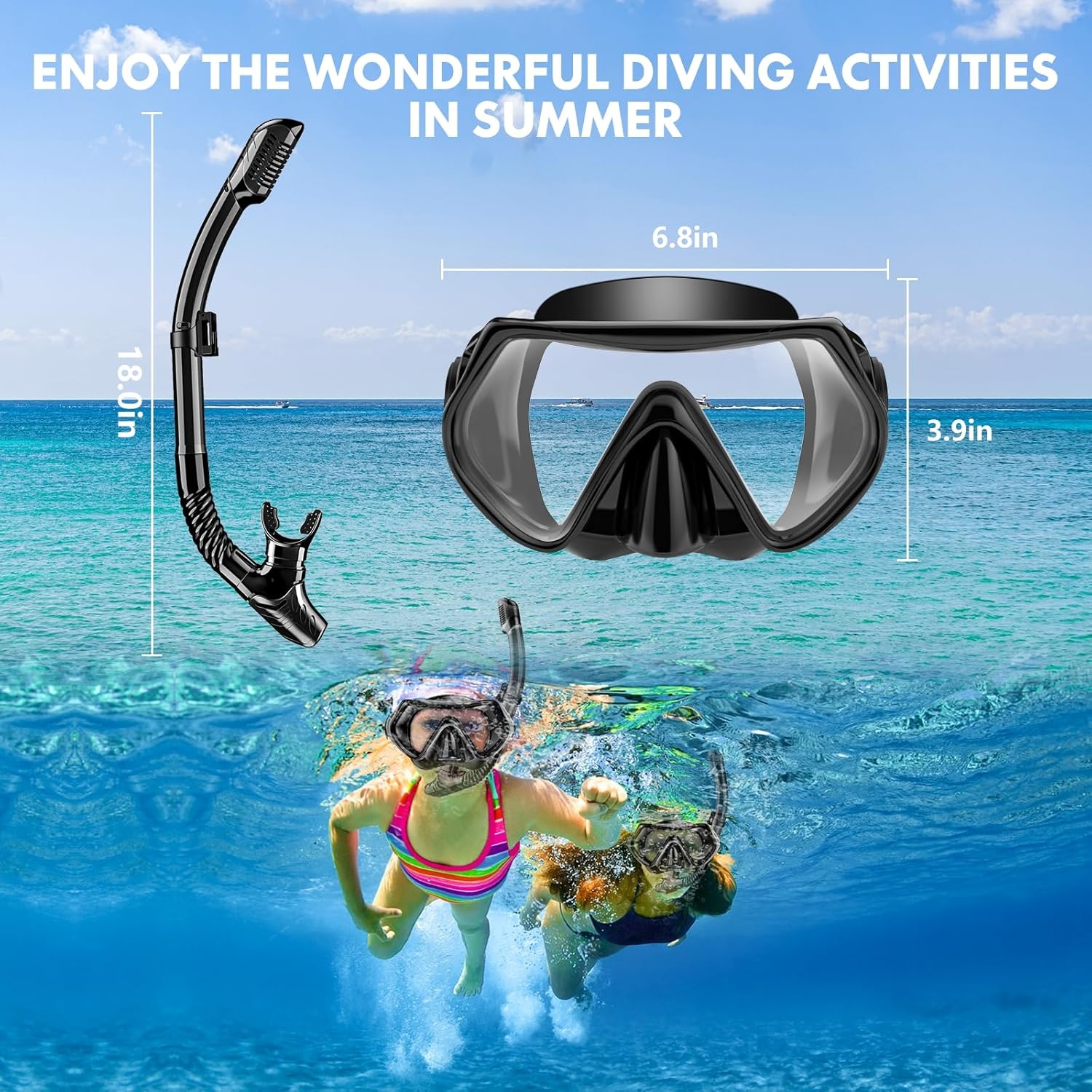 Snorkelset voor volwassenen, duikbril met snorkelbril en droge snorkel, snorkelmasker, duikbril van gehard glas, duikbril met snorkel, zwart en roze