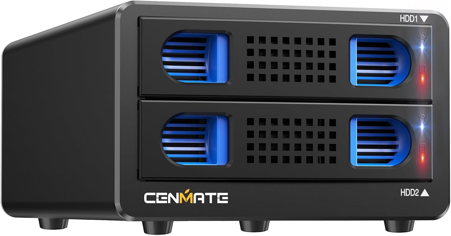 CENMATE Aluminium Dual Bay Harde Schijf RAID-behuizing met koelventilator voor 2,5"/3,5" SATA HDD/SSD met USB A/C 3.0, gereedschapsvrije HDD-behuizing, 4 RAID-modus