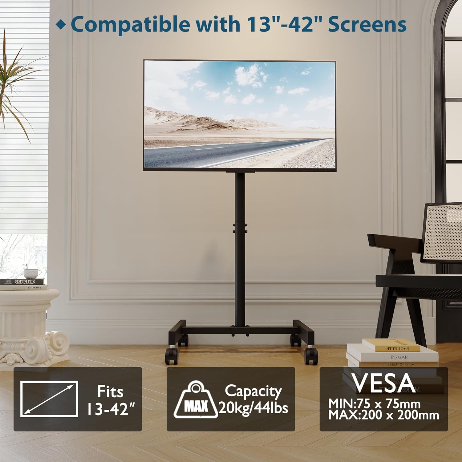 BONTEC Mobiele TV Standaard voor 13-42 Inch TV's, Verstelbare TV-Kar met Wielen, Max. VESA 200x200mm, tot 20kg, voor Thuis en Kantoor