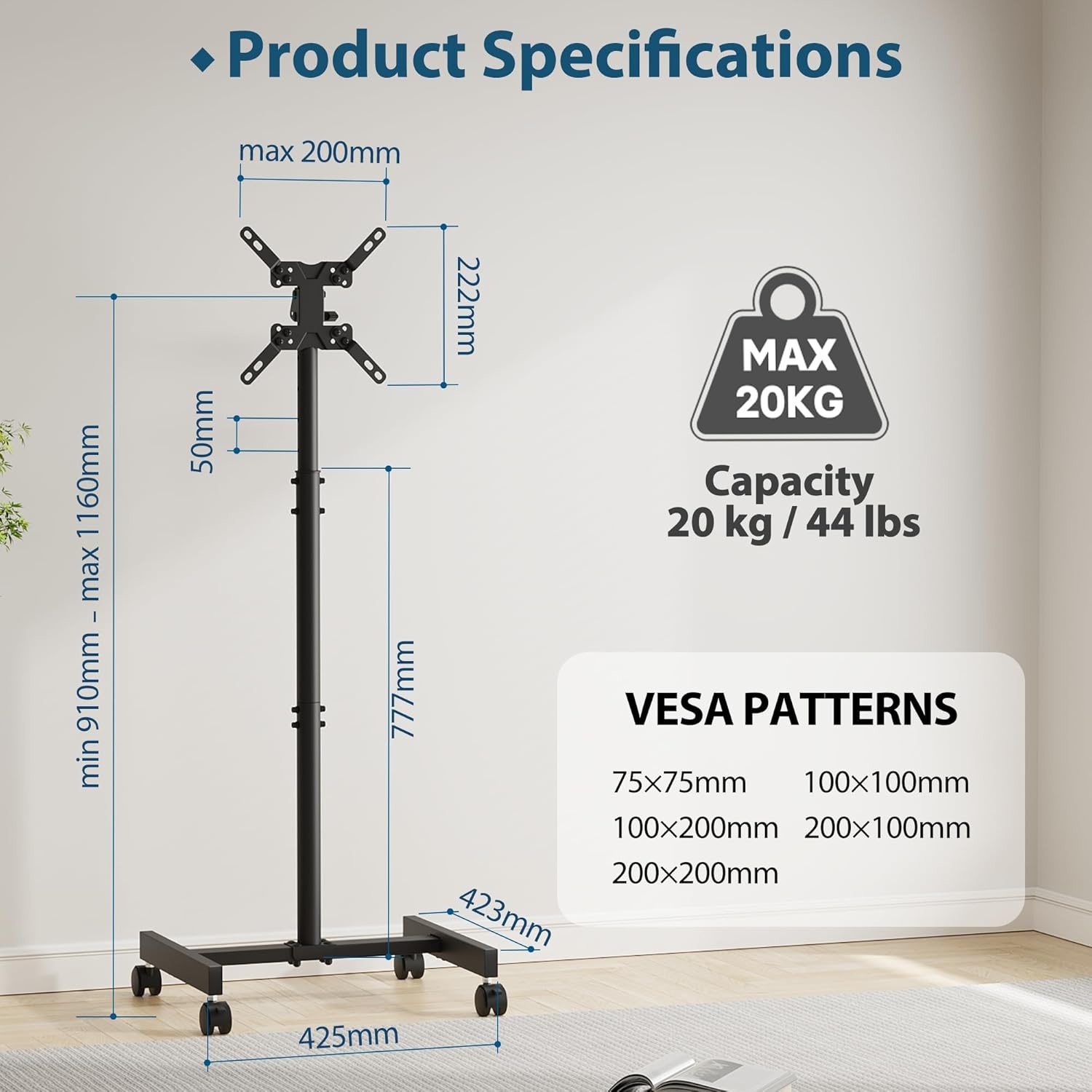 BONTEC Mobiele TV Standaard voor 13-42 Inch TV's, Verstelbare TV-Kar met Wielen, Max. VESA 200x200mm, tot 20kg, voor Thuis en Kantoor