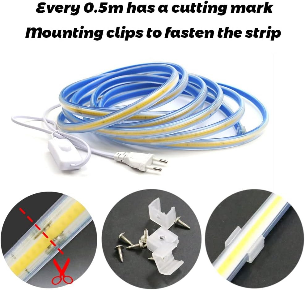 5M COB LED Strip met Schakelaar 220V 3000K Warm wit IP67 Waterdichte Strips Licht 280leds/m 15 Watt/m(Warm wit, 5)