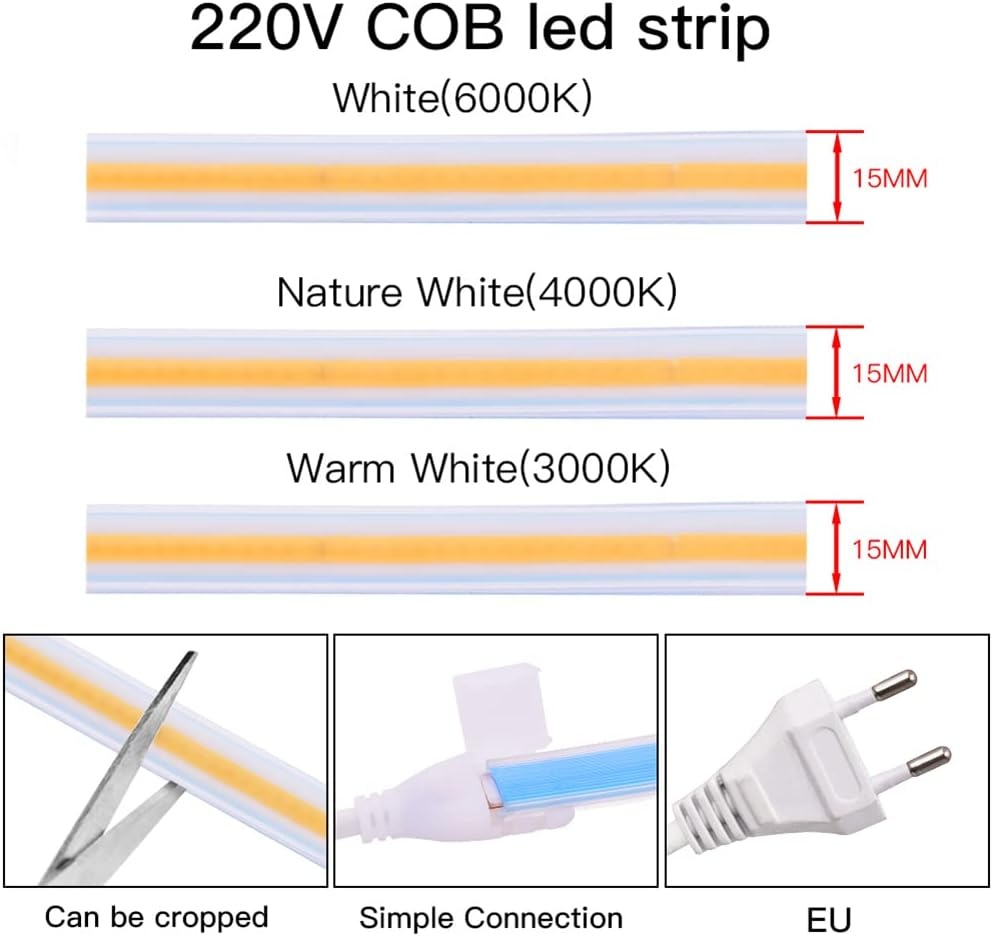 5M COB LED Strip met Schakelaar 220V 3000K Warm wit IP67 Waterdichte Strips Licht 280leds/m 15 Watt/m(Warm wit, 5)