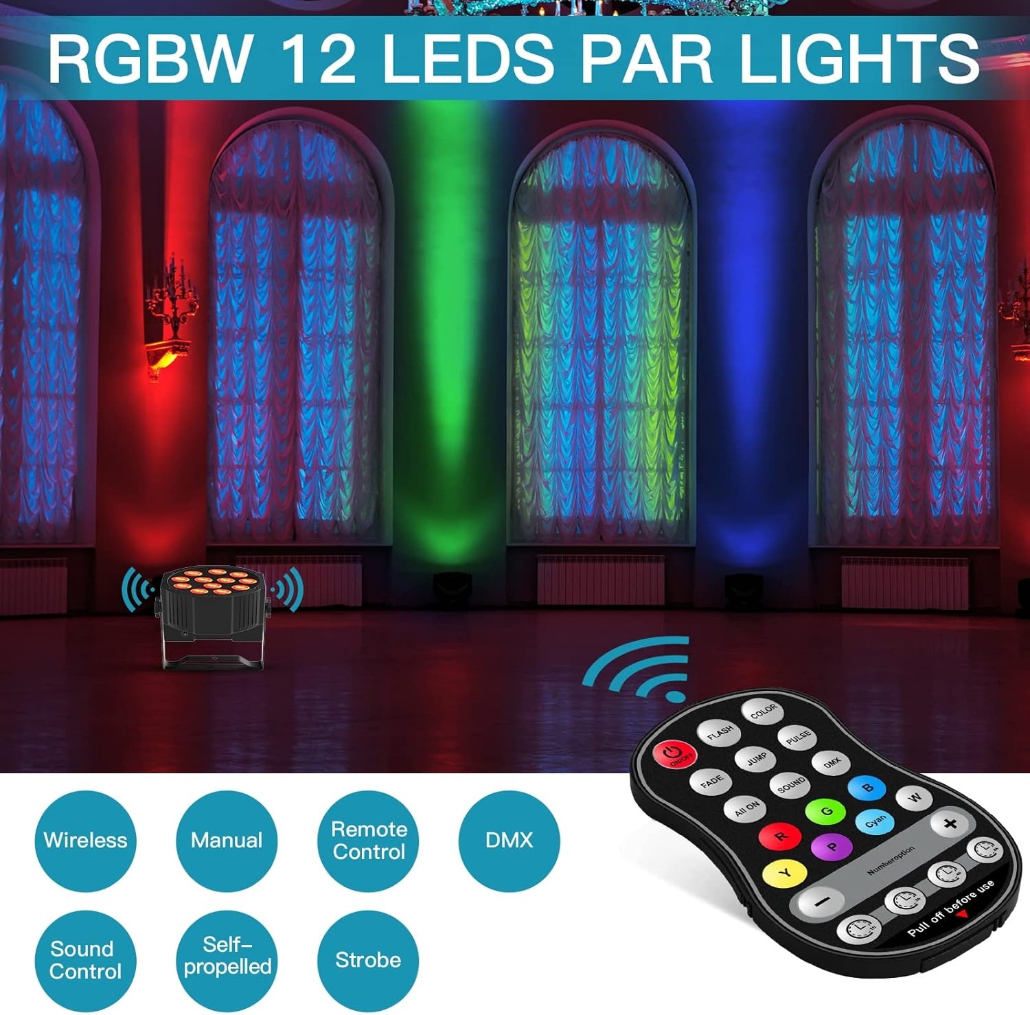 PCS RGBW Accu podiumlicht met tas, 12 LED oplaadbare par licht met functie timer en 7 verlichtingsmodi, 8 CH batterij spotlight outdoor voor bruiloft bar DJ Show disco - Maat 4PCS +Bag