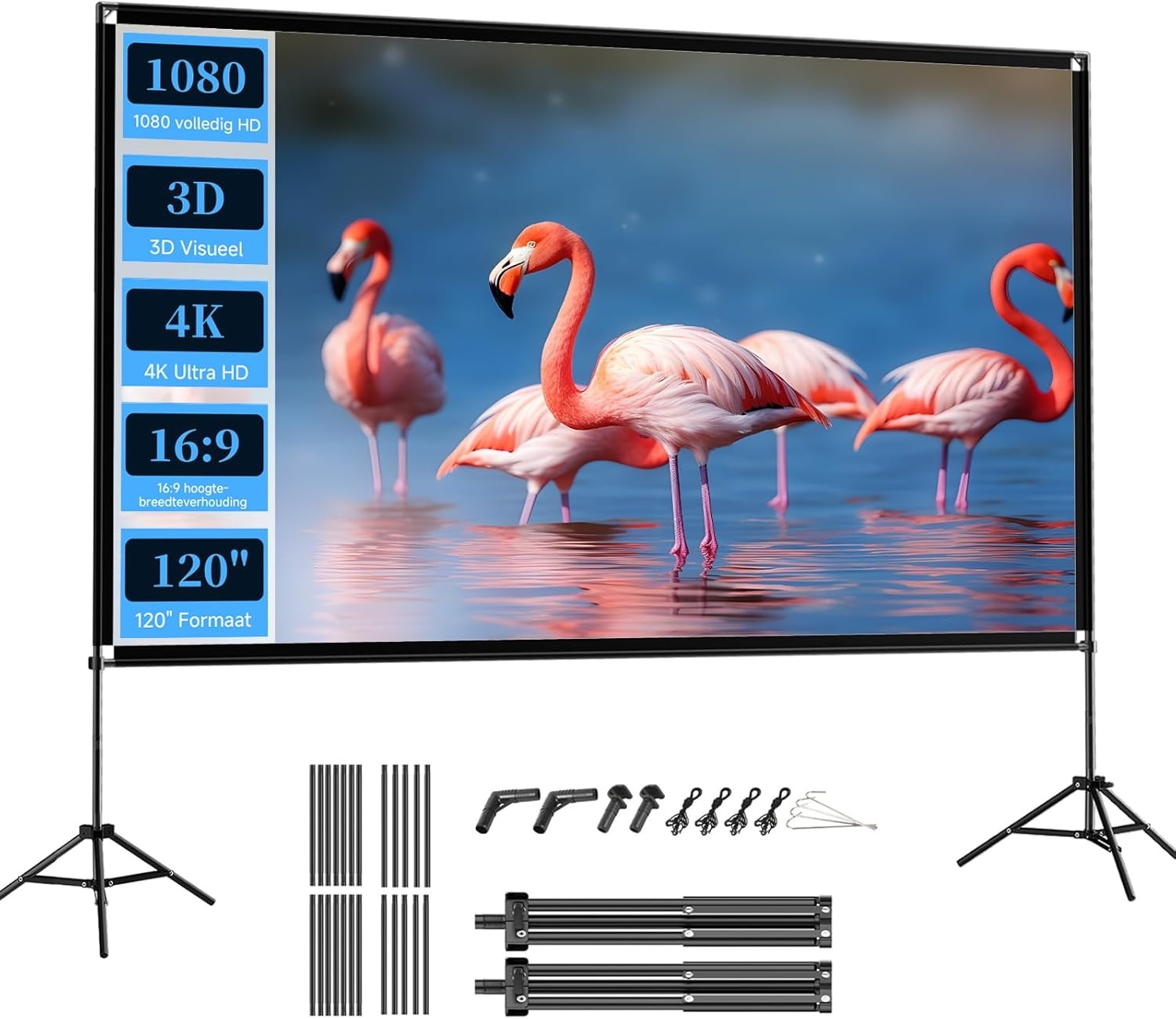 VISULAPEX projectiescherm met statief, draagbaar projectiescherm 100 inch, 16:9, 4K HD opvouwbaar scherm voor projector met draagtas voor binnen en buiten, thuisbioscoop, tuinbioscoop (100") - Maat 100"