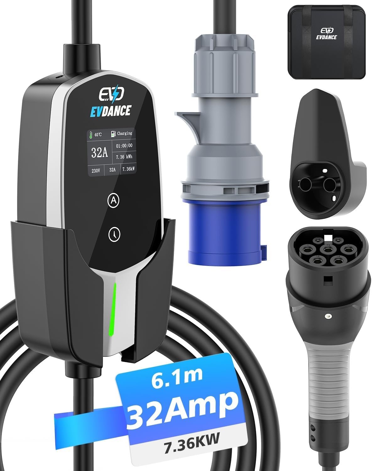 EVDANCE Electric Car Charger P17 - [7.36kW, 23ft, 10-32A] with 1-12h Delay Portable Type 2 EV Charger Mobile Charging Station/Wallbox, Silver