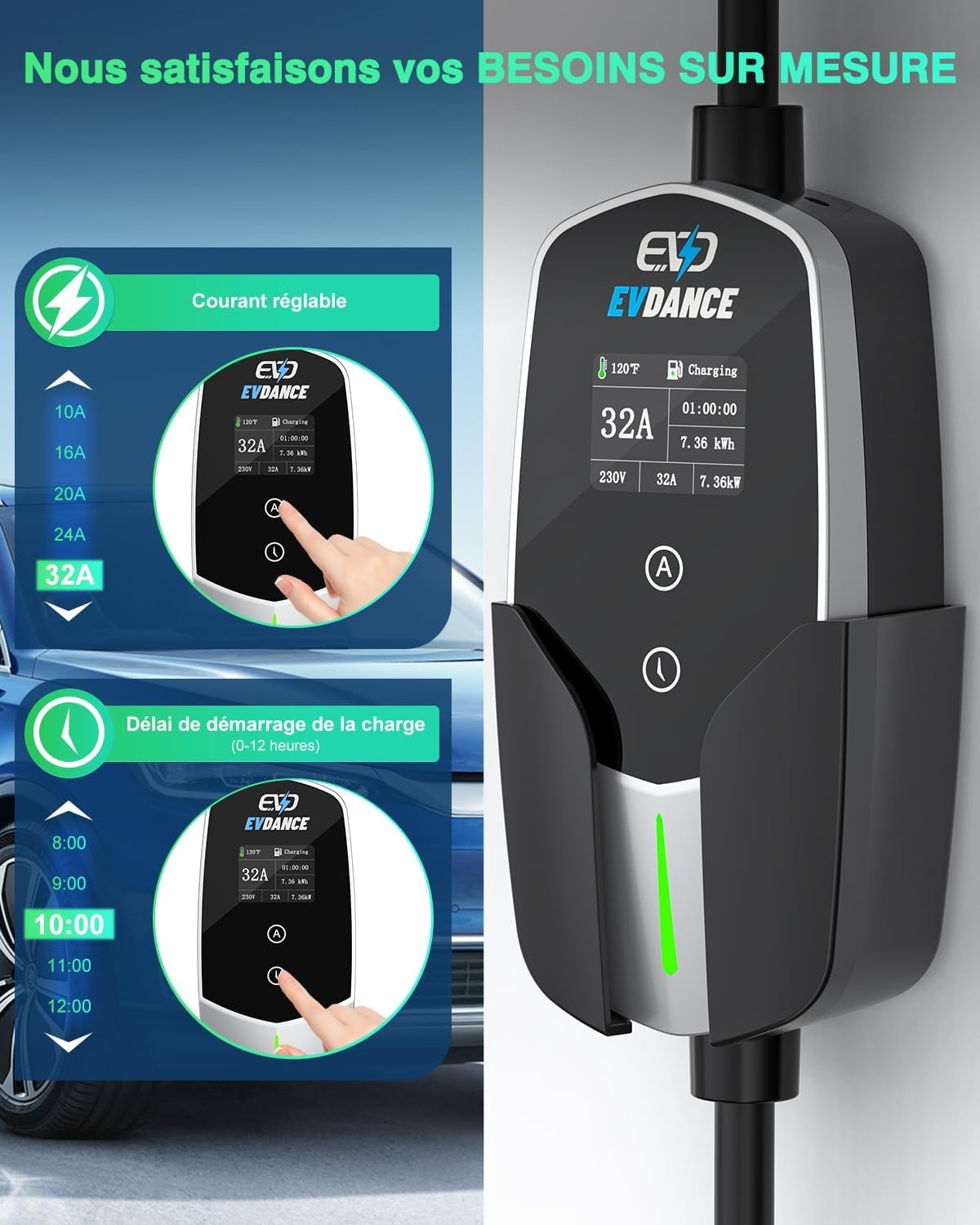 EVDANCE Electric Car Charger P17 - [7.36kW, 23ft, 10-32A] with 1-12h Delay Portable Type 2 EV Charger Mobile Charging Station/Wallbox, Silver