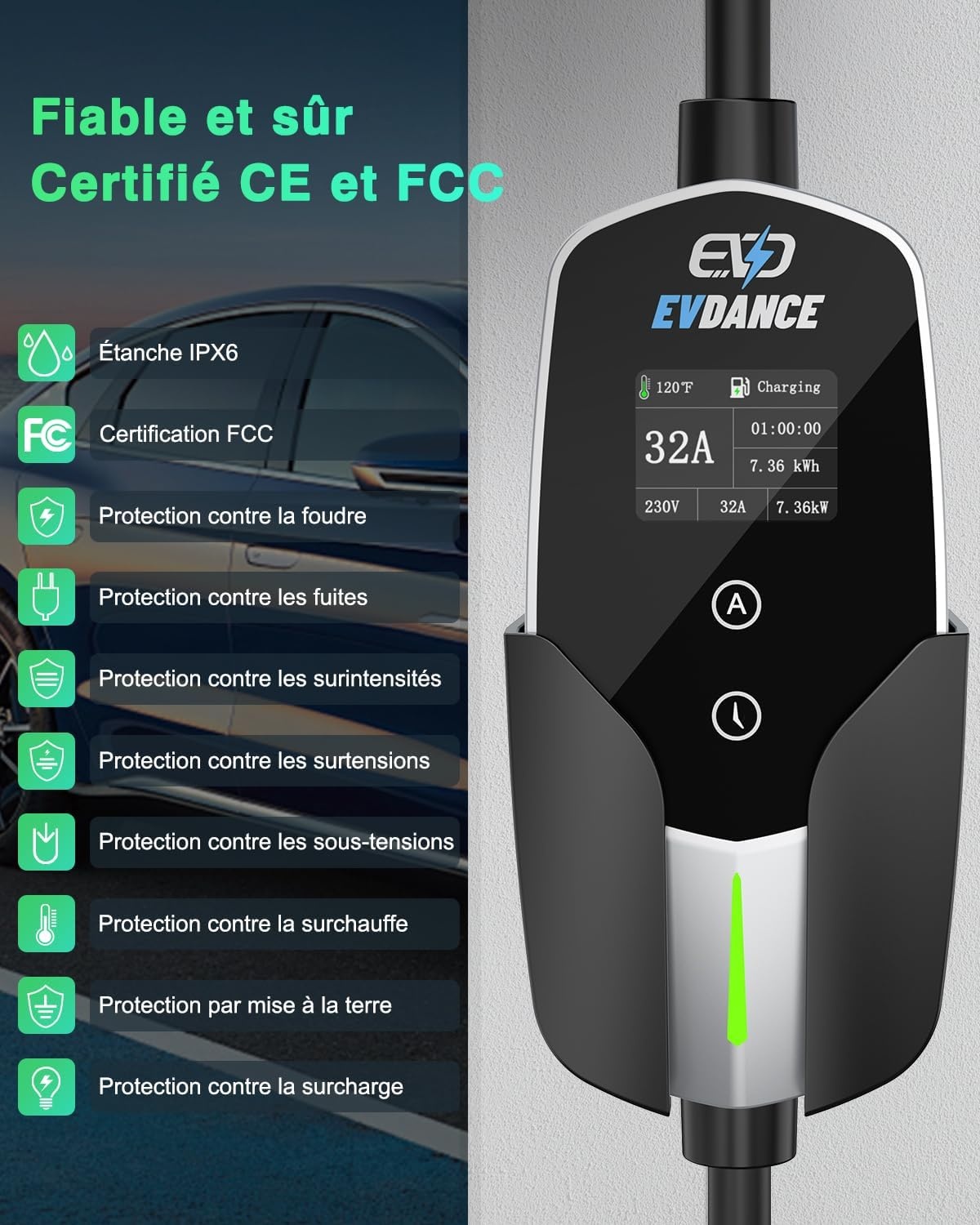 EVDANCE Electric Car Charger P17 - [7.36kW, 23ft, 10-32A] with 1-12h Delay Portable Type 2 EV Charger Mobile Charging Station/Wallbox, Silver