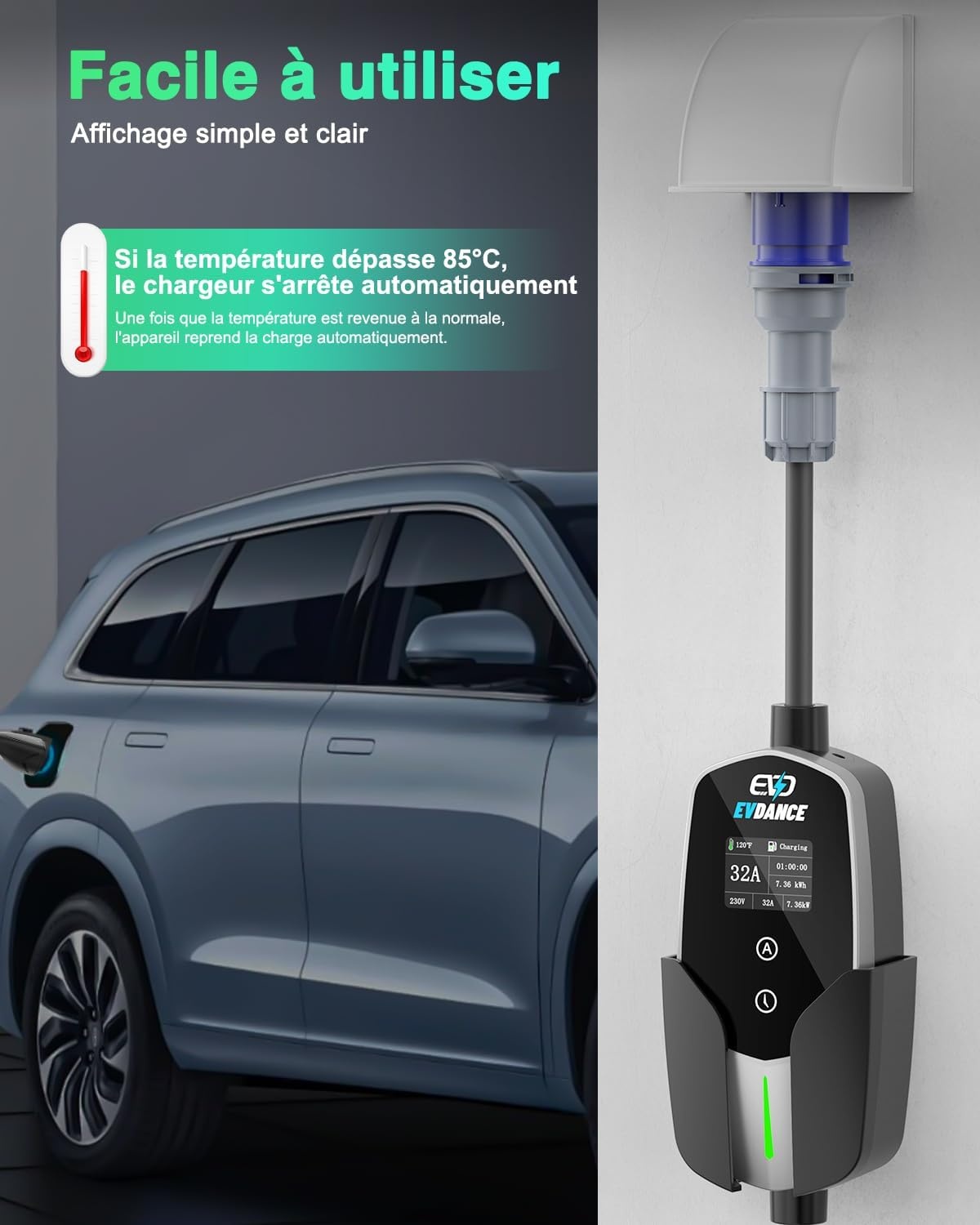 EVDANCE Electric Car Charger P17 - [7.36kW, 23ft, 10-32A] with 1-12h Delay Portable Type 2 EV Charger Mobile Charging Station/Wallbox, Silver