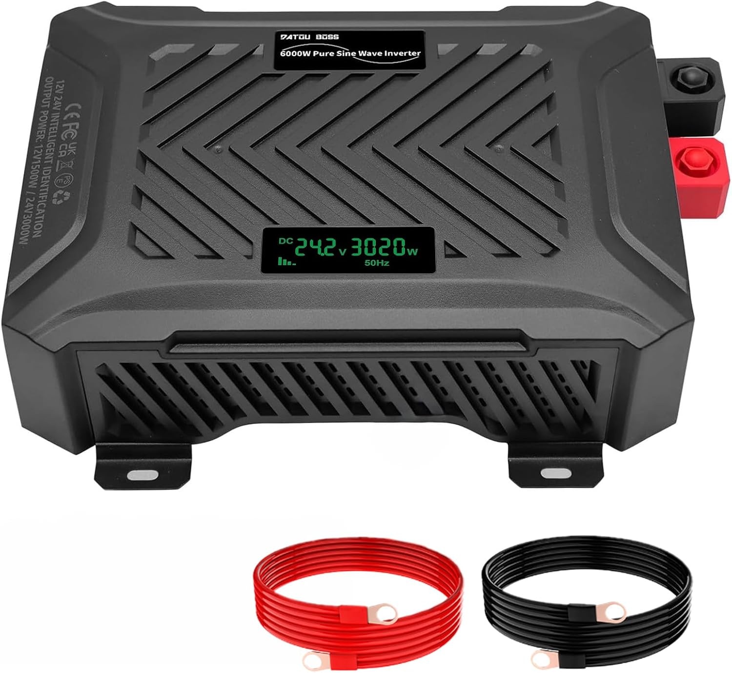 DATOUBOSS Universele dubbele spanningsomvormer, 12 V/24 V naar 230 V, 1500 W/3000 W, zuivere sinus 3000 W/6000 W piekvermogen, met intelligent detectiesysteem, lcd-display en 2 EU-stopcontact - Maat 12V1500W/24V3000W