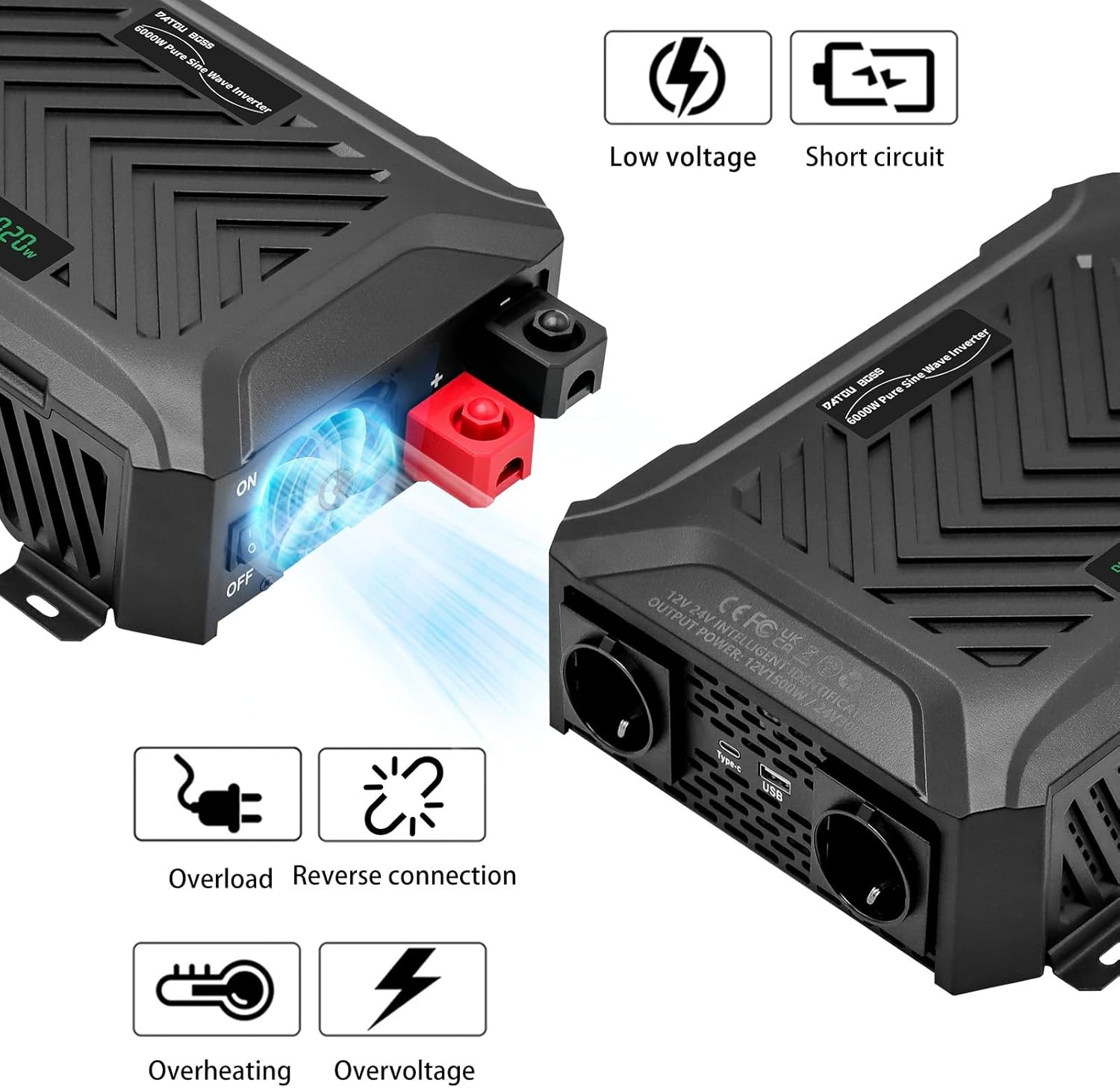 DATOUBOSS Universele dubbele spanningsomvormer, 12 V/24 V naar 230 V, 1500 W/3000 W, zuivere sinus 3000 W/6000 W piekvermogen, met intelligent detectiesysteem, lcd-display en 2 EU-stopcontact - Maat 12V1500W/24V3000W