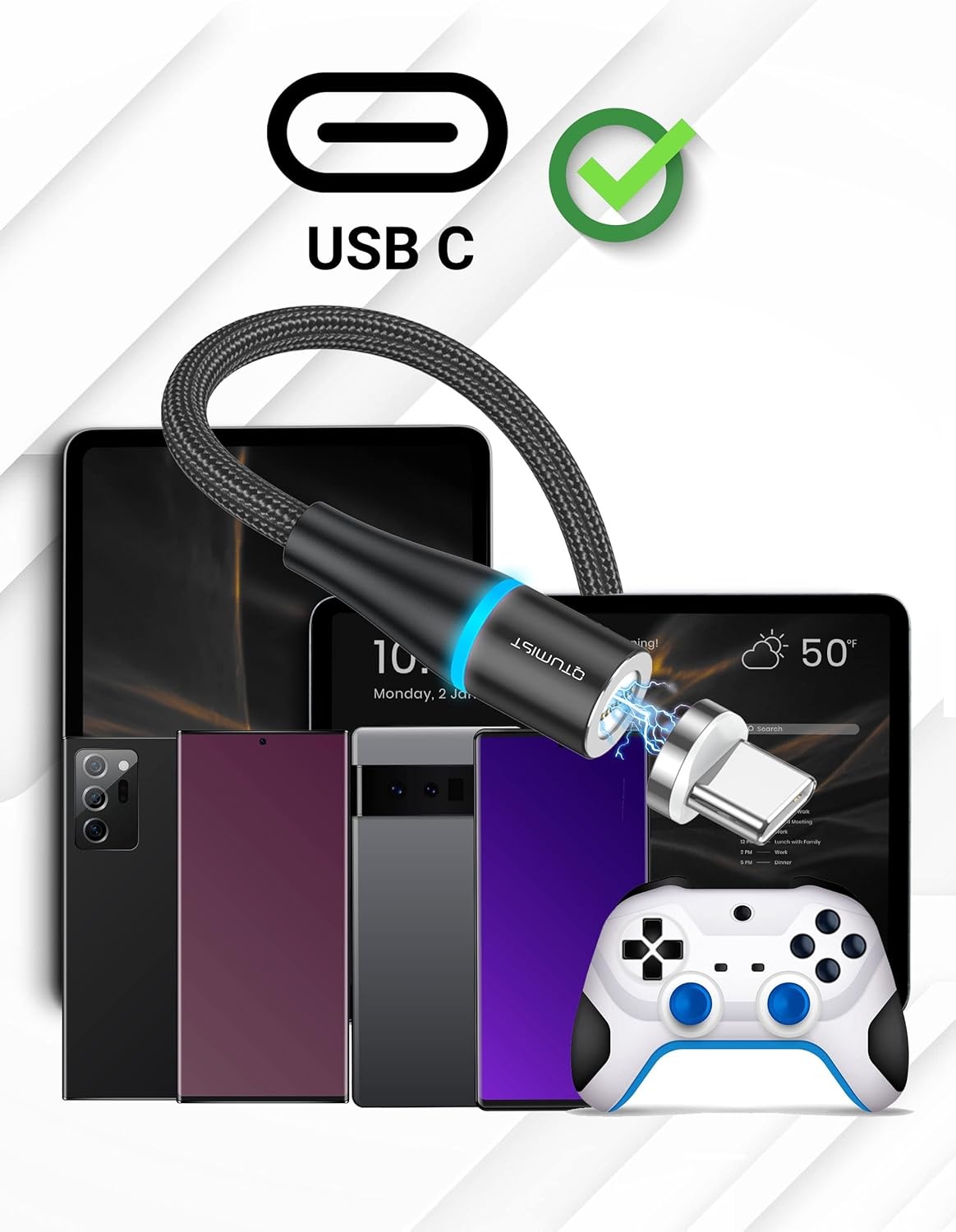 Magnetische USB C Kabel Zwart 2x2m | 72% Korting | 18W QC 3.0 Snelladen