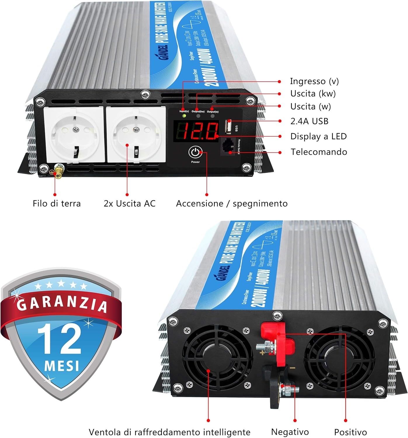 Pure Sinus Omvormer 2000W - 12V naar 220V/230V - Camper, Auto