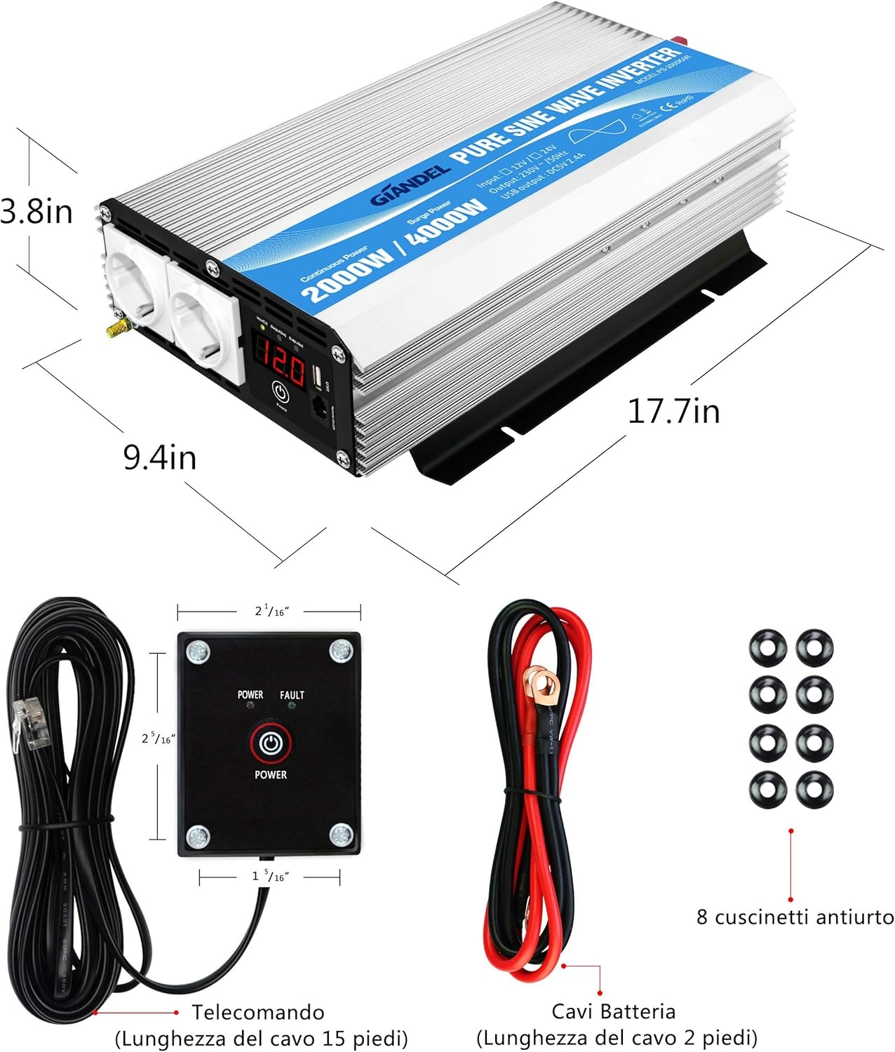 Pure Sinus Omvormer 2000W - 12V naar 220V/230V - Camper, Auto
