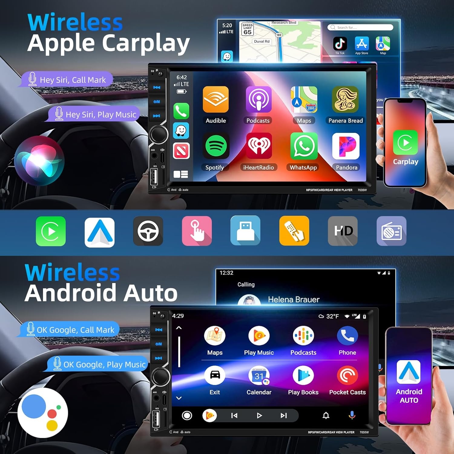 2 DIN Autoradio met draadloos CarPlay/Android Auto & 7" Touchscreen (29% korting)