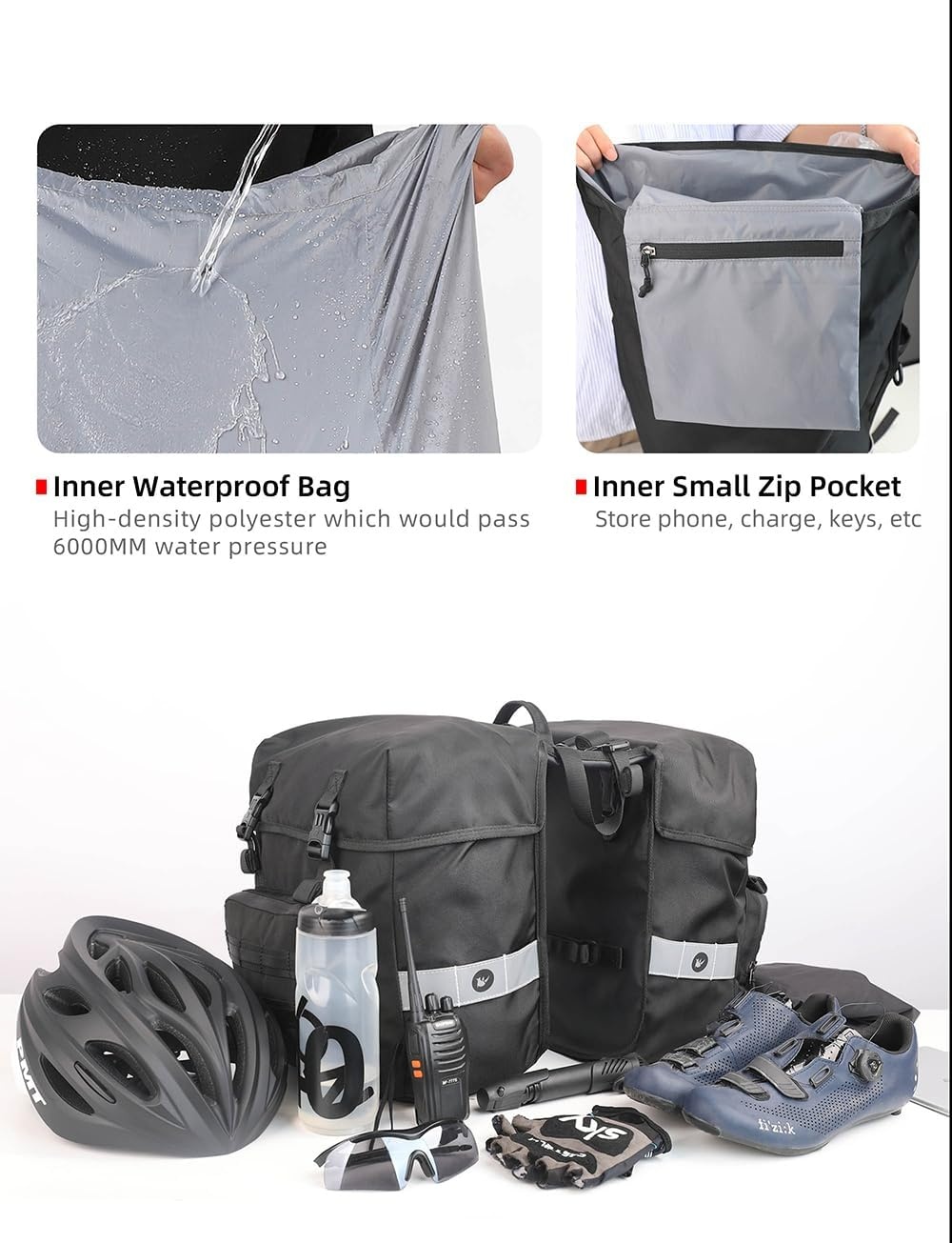 Dubbele Fietstas 40L Grijs met Regenhoes | Molle | Reflectie | Telefoonvak