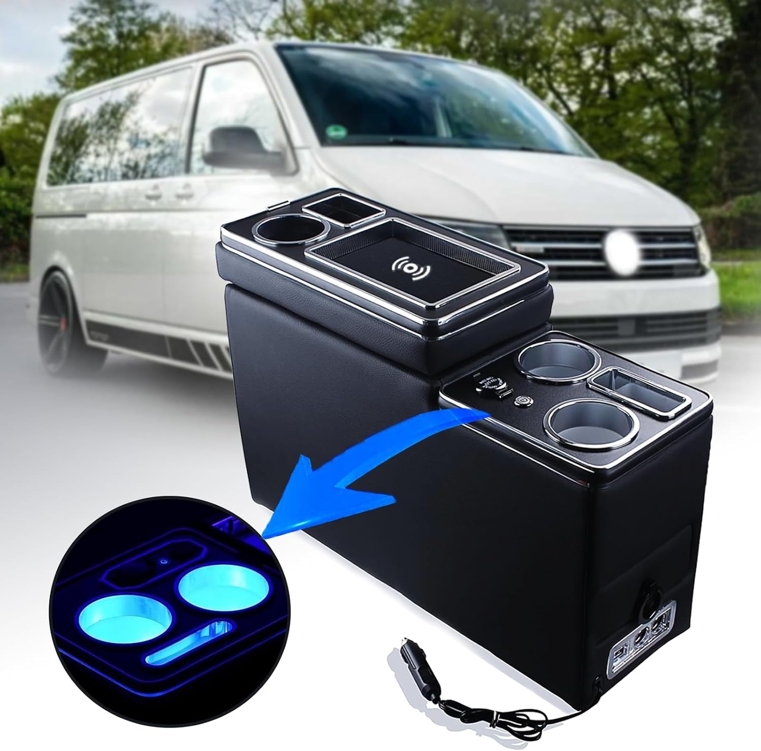 Middenconsole Opbergbox Draadloos Opladen VW T4-T7.1 | 5x USB | Zwart