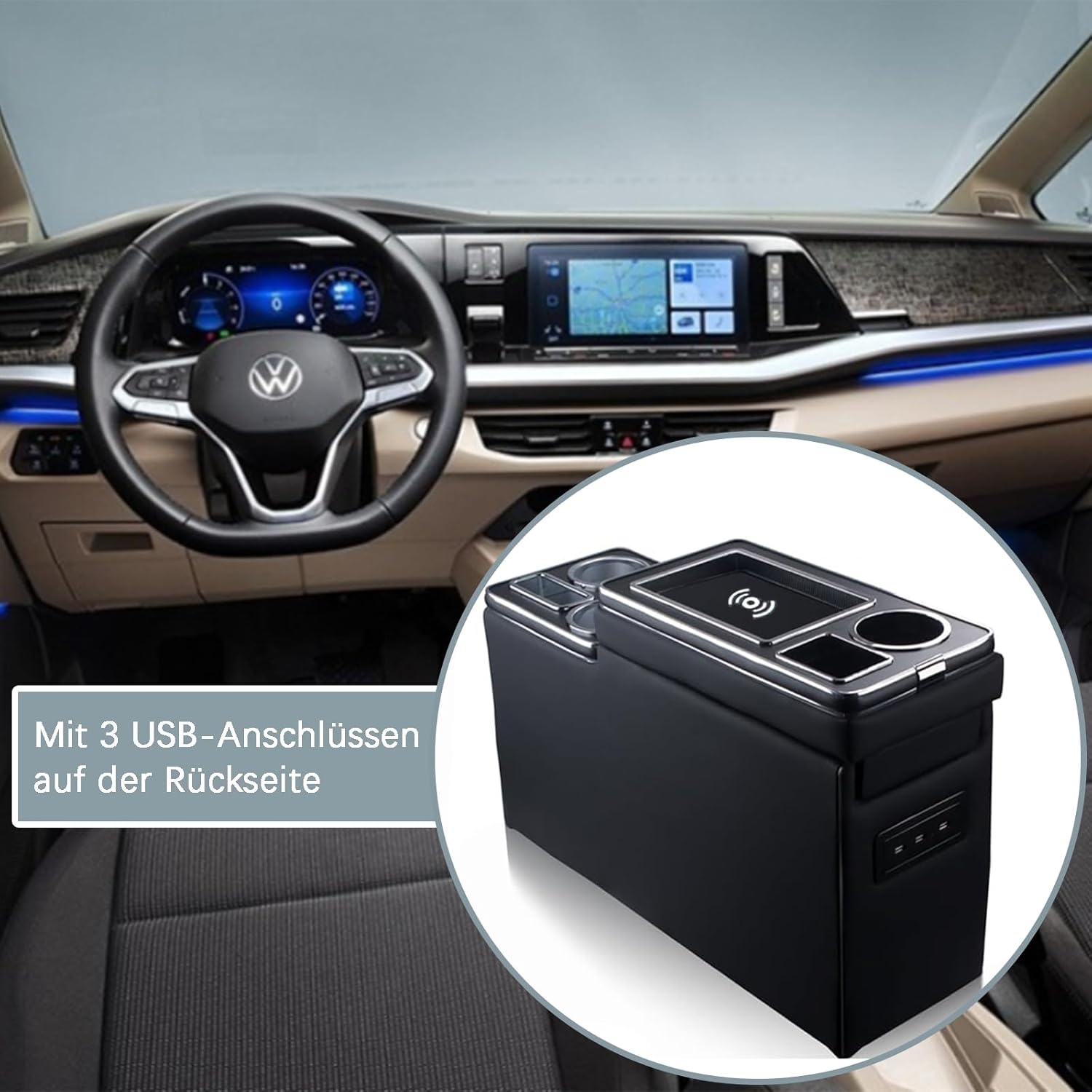 Middenconsole Opbergbox Draadloos Opladen VW T4-T7.1 | 5x USB | Zwart