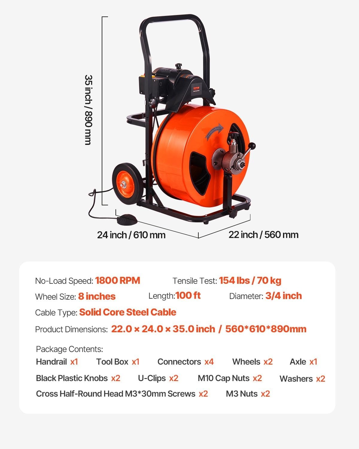 VEVOR Afvoerontstopper 30 meter x 3/8 inch, Rioolslang met Automatische Toevoer en Voetschakelaar