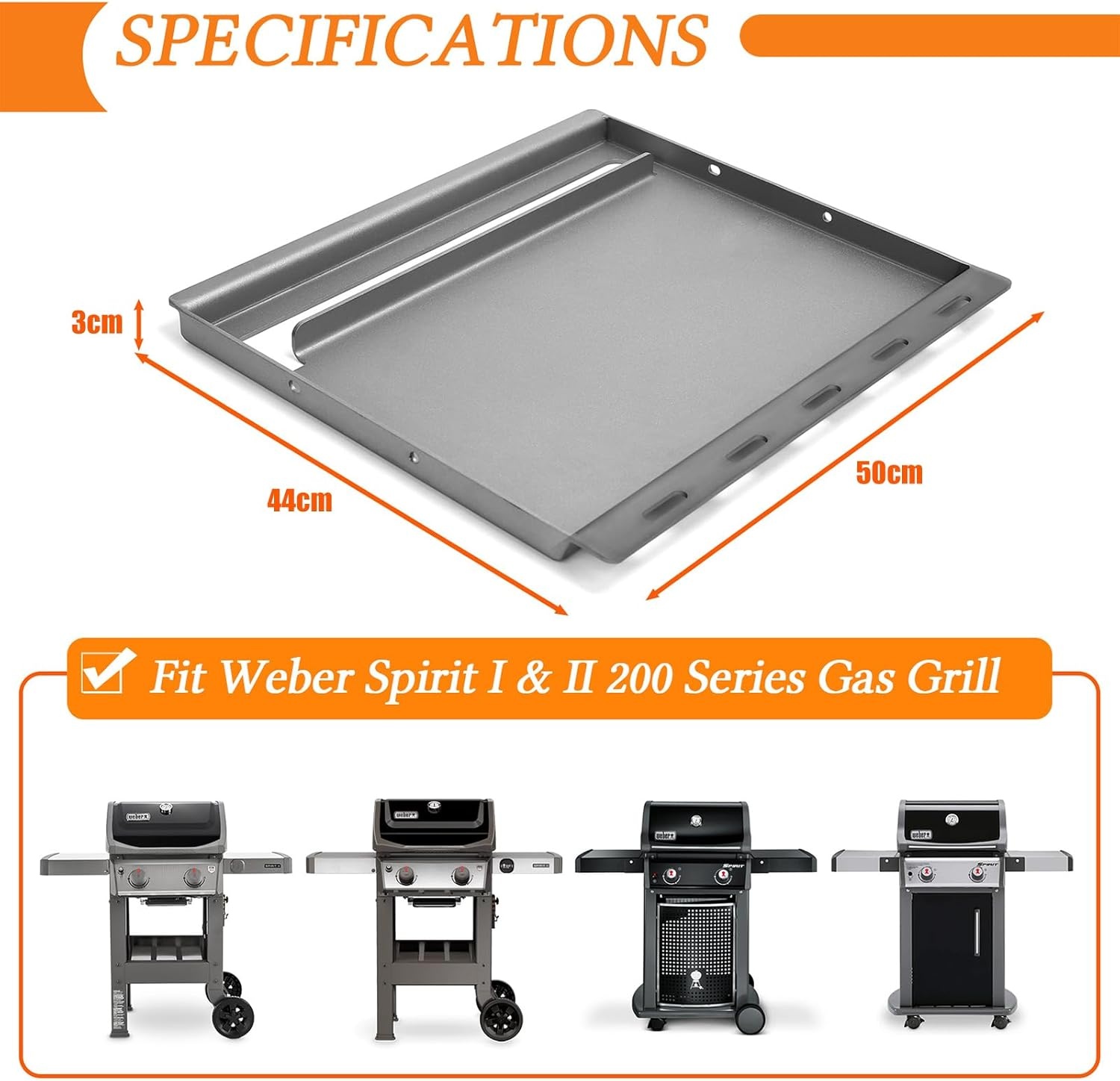 Denmay 50 x 44 cm Plancha grillplaat voor Weber Spirit 200-serie, universele grillplaat, reserveonderdelen, vervanging voor Weber Spirit I & II serie E210, E220, S210, S220, 1 stuk