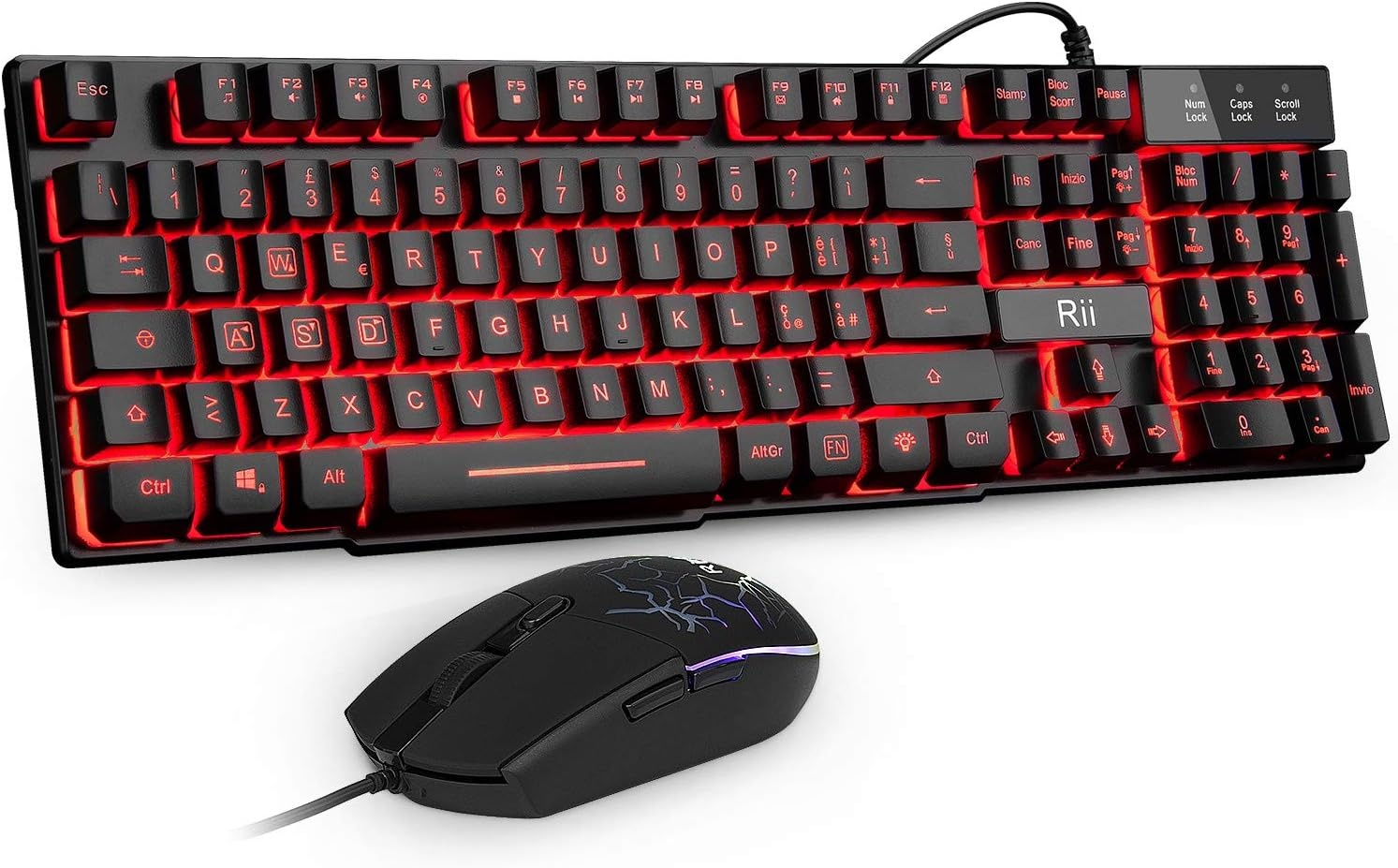 Rii Gaming RK101 (lay-out Italiano) gaming-toetsenbord en gaming-muis met LED-achtergrondverlichting, instelbare gevoeligheid tot 3.200 dpi.