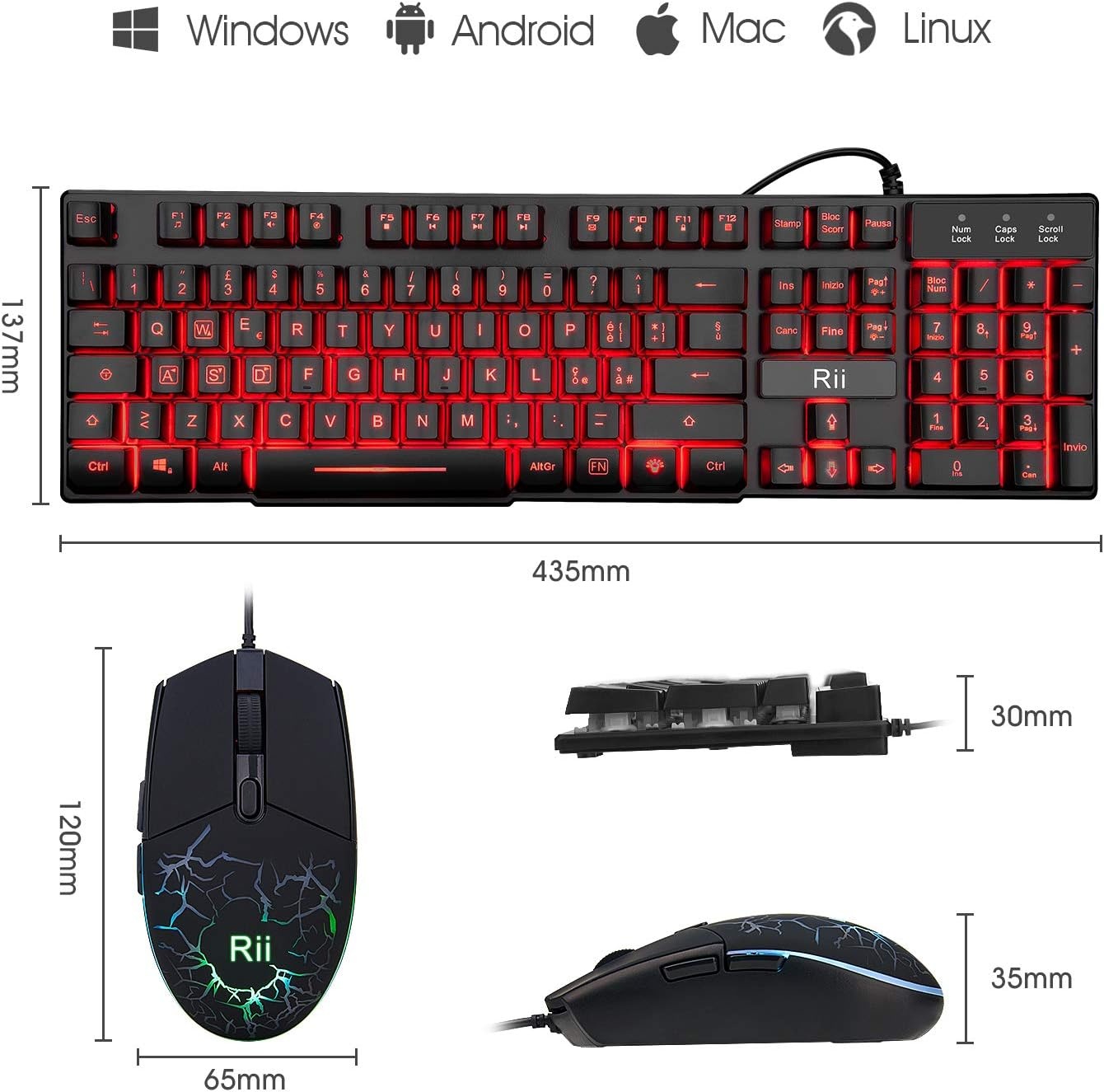 Rii Gaming RK101 (lay-out Italiano) gaming-toetsenbord en gaming-muis met LED-achtergrondverlichting, instelbare gevoeligheid tot 3.200 dpi.