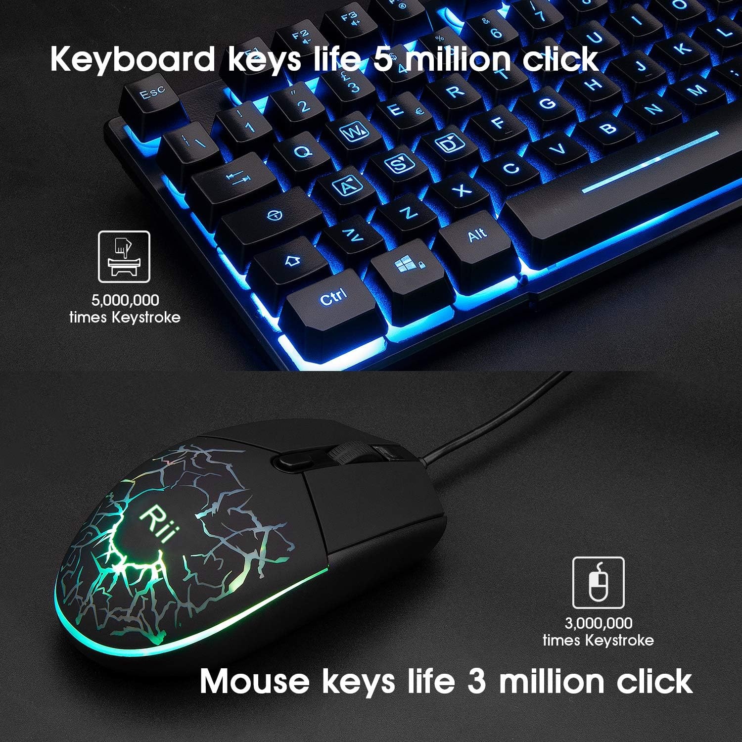 Rii Gaming RK101 (lay-out Italiano) gaming-toetsenbord en gaming-muis met LED-achtergrondverlichting, instelbare gevoeligheid tot 3.200 dpi.