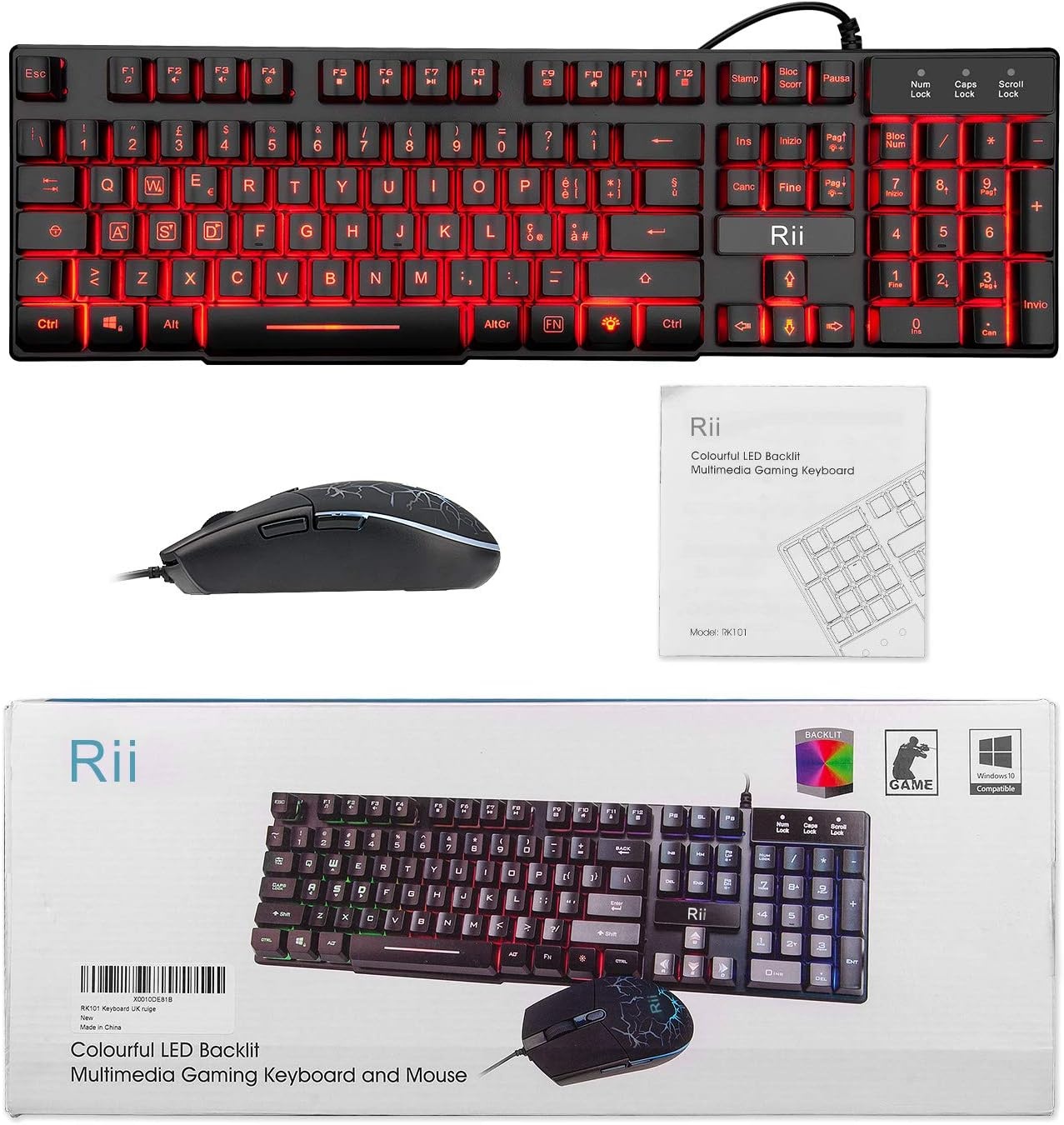 Rii Gaming RK101 (lay-out Italiano) gaming-toetsenbord en gaming-muis met LED-achtergrondverlichting, instelbare gevoeligheid tot 3.200 dpi.