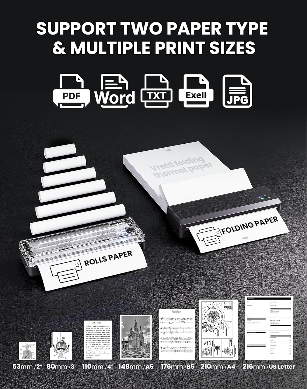vretti P83 Mobiele printer, bluetooth, thermische printer A4, inclusief printer, ondersteunt A4-thermisch papier voor kantoor, thuis, school, reizen
