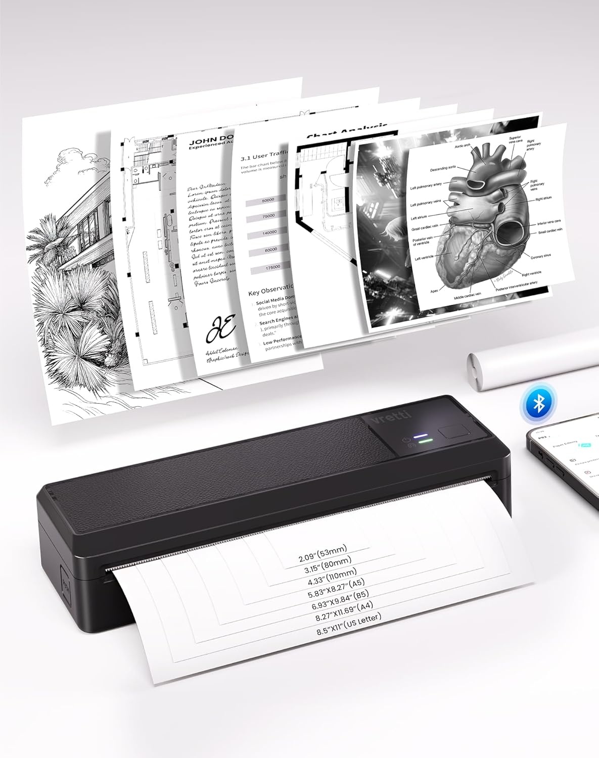 vretti P83 Mobiele printer, bluetooth, thermische printer A4, inclusief printer, ondersteunt A4-thermisch papier voor kantoor, thuis, school, reizen