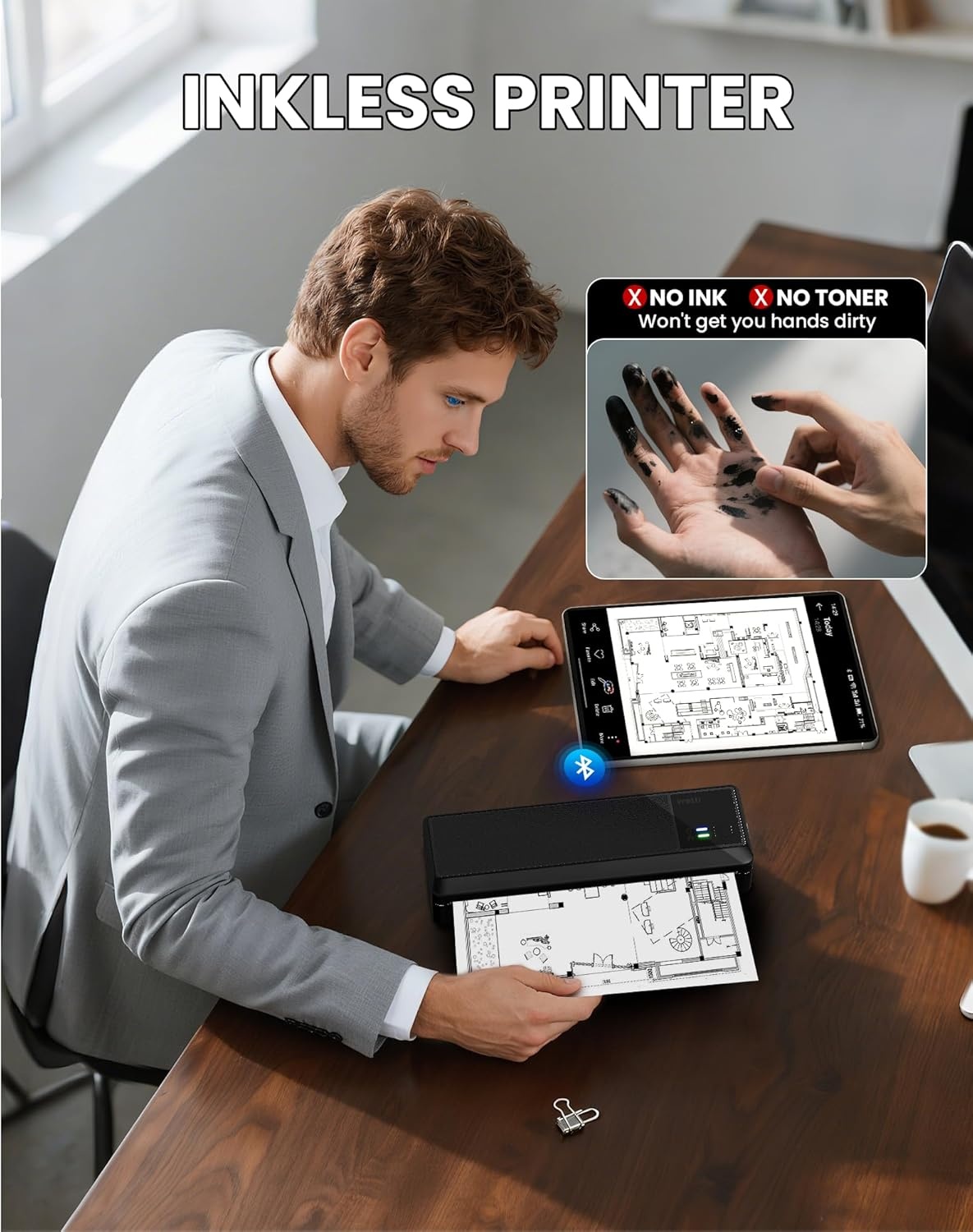 vretti P83 Mobiele printer, bluetooth, thermische printer A4, inclusief printer, ondersteunt A4-thermisch papier voor kantoor, thuis, school, reizen