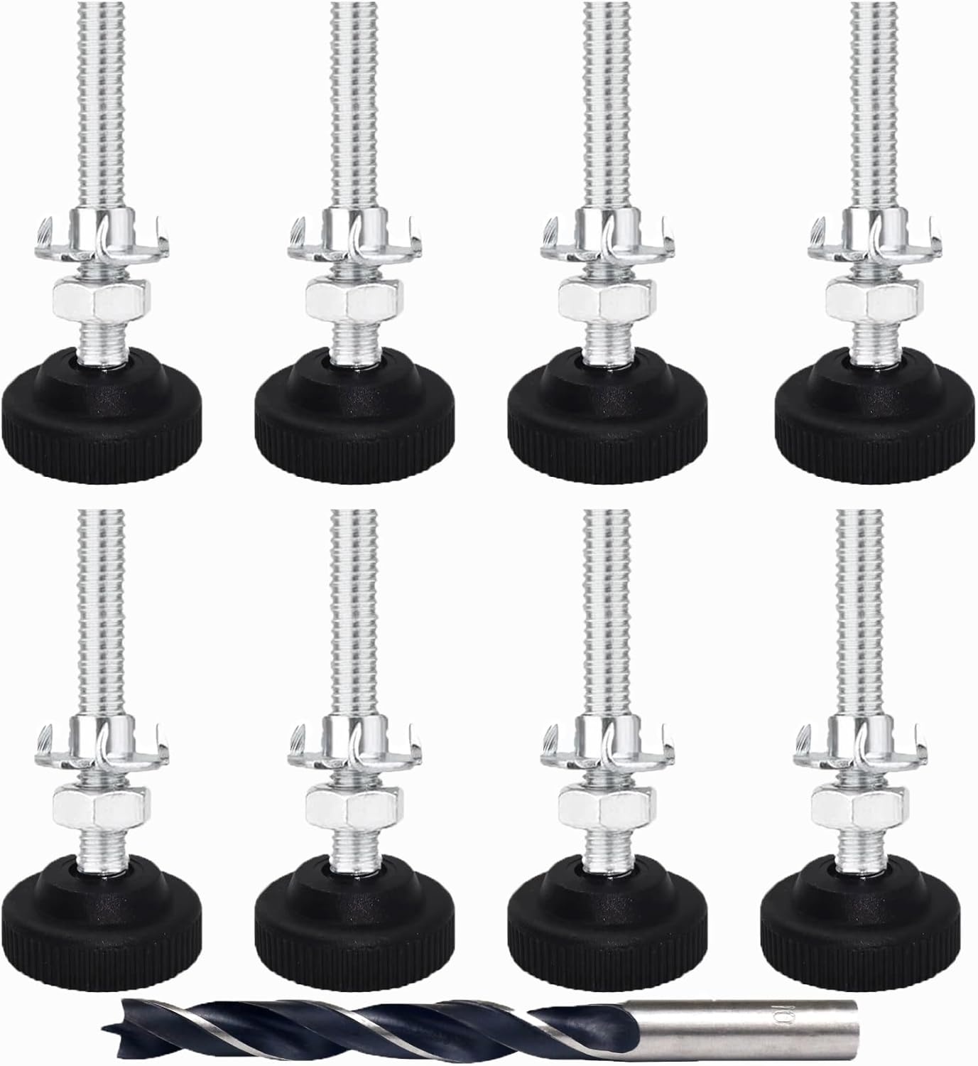 Verstelschroef, 8 stuks, meubelpoten, verstelbaar, metaal, M8 x 85 mm, stelpoten voor meubels, regelschroef, instelschroef met inslagmoeren, contramoeren en metalen boren