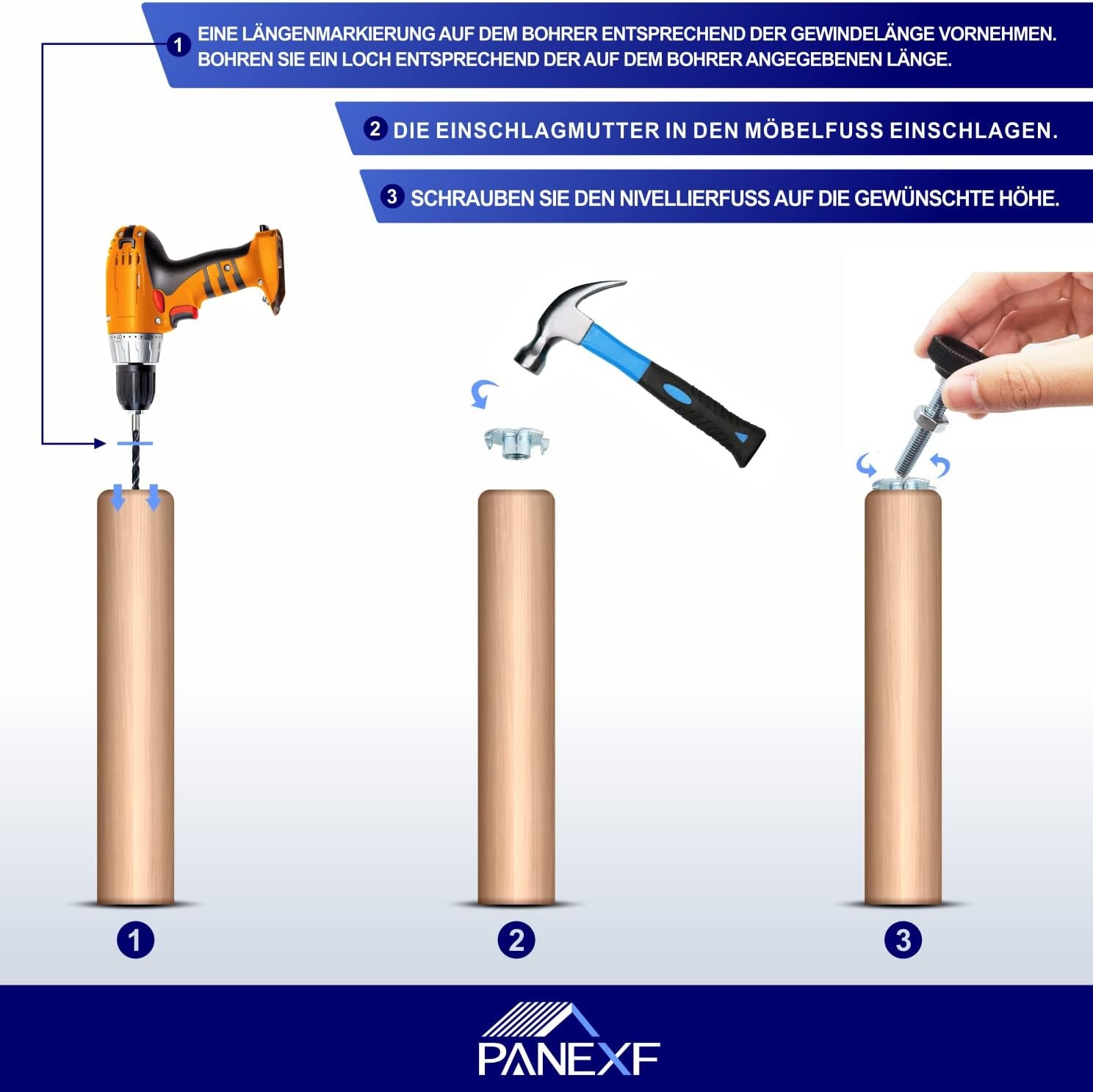 Verstelschroef, 8 stuks, meubelpoten, verstelbaar, metaal, M8 x 85 mm, stelpoten voor meubels, regelschroef, instelschroef met inslagmoeren, contramoeren en metalen boren