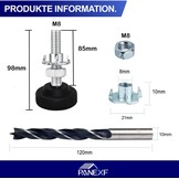 Verstelschroef, 8 stuks, meubelpoten, verstelbaar, metaal, M8 x 85 mm, stelpoten voor meubels, regelschroef, instelschroef met inslagmoeren, contramoeren en metalen boren