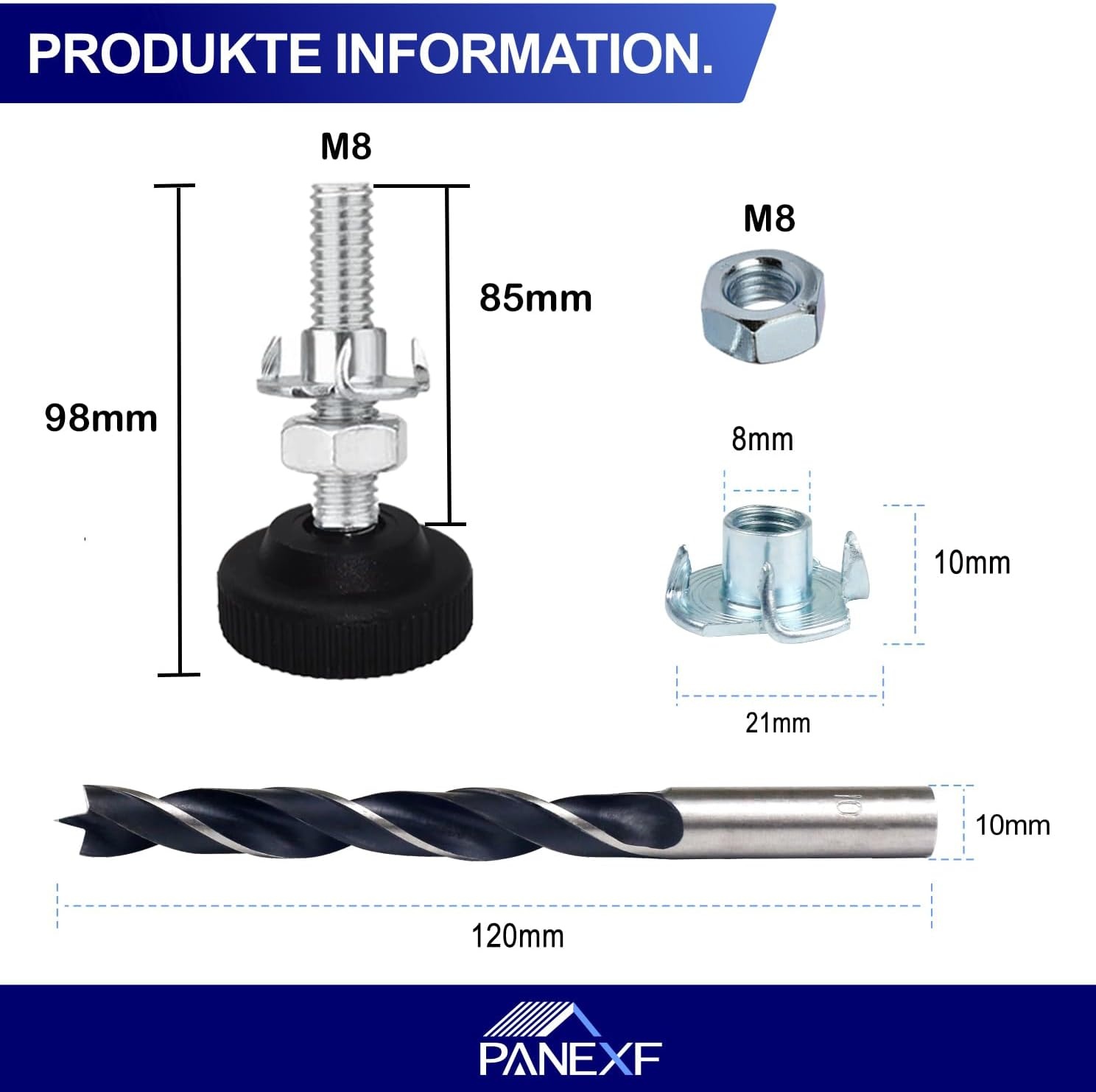 Verstelschroef, 8 stuks, meubelpoten, verstelbaar, metaal, M8 x 85 mm, stelpoten voor meubels, regelschroef, instelschroef met inslagmoeren, contramoeren en metalen boren