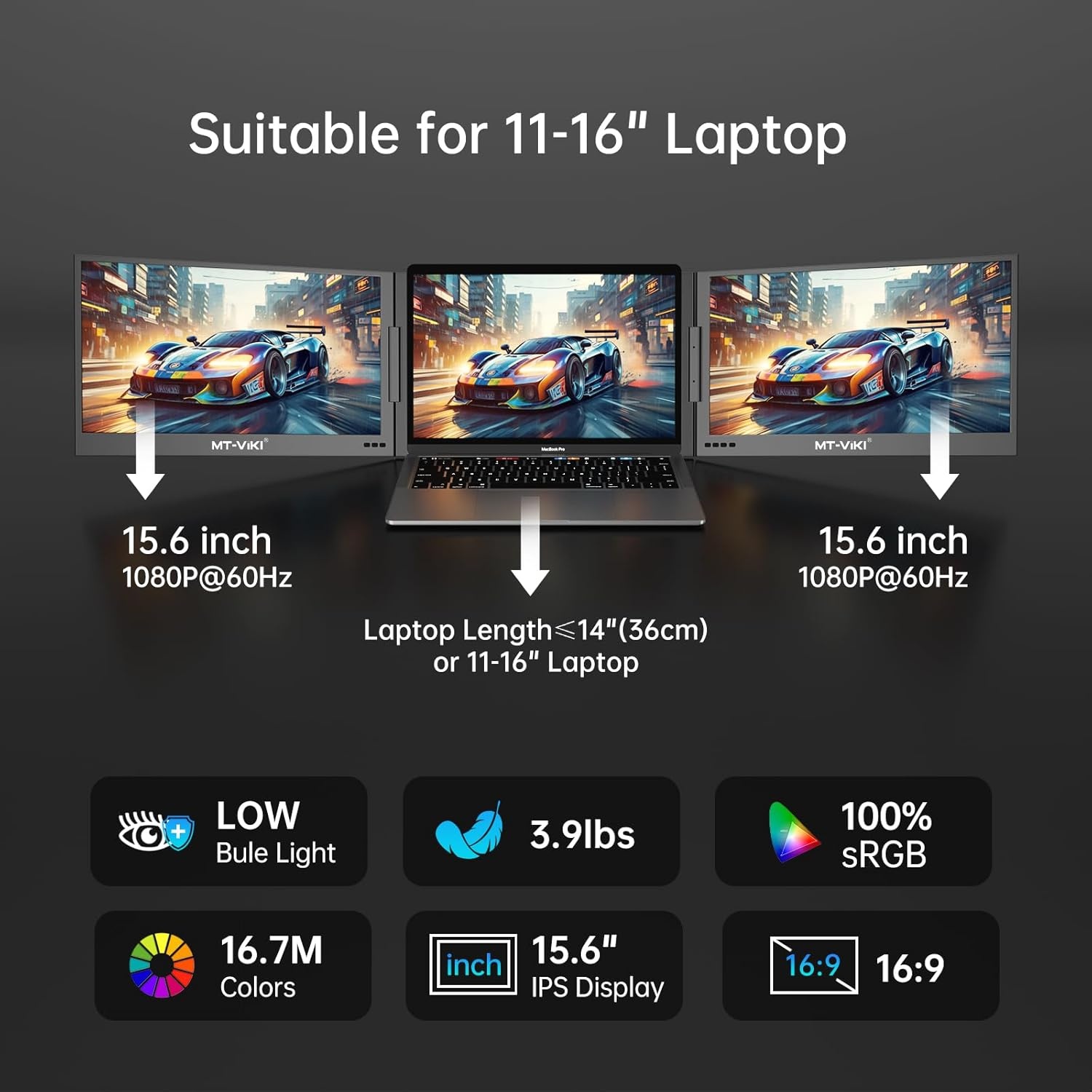 Draagbare drievoudige laptop schermverlenger voor 11-16 inch laptops | Mac/Android/Windows compatibel | 15.6 inch FHD 1080P IPS | 360° rotatie