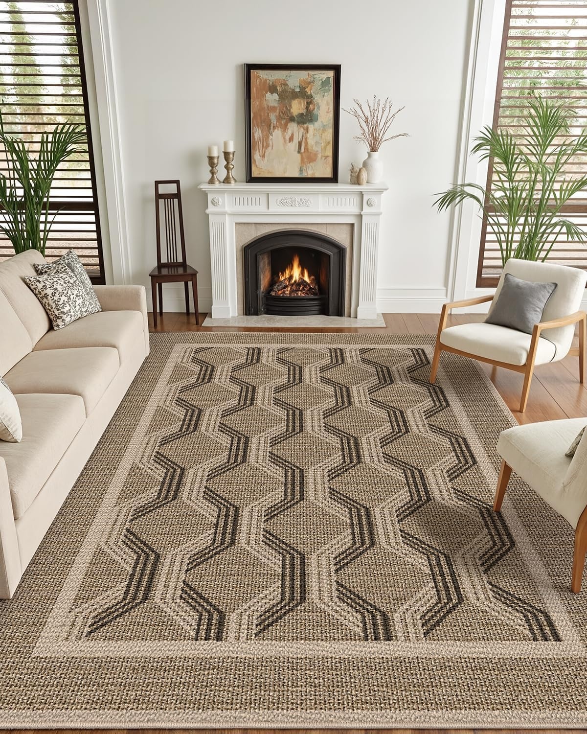Vloerkleed voor Woonkamer Slaapkamer Eetkamer | 243x305cm Machinewasbaar Lage Stapel 4mm Dun Zacht Modern Geometrisch Anti-slip TPE Achtergrond Bruin