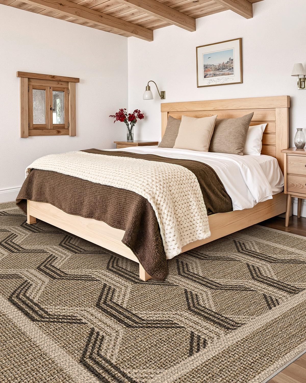 Vloerkleed voor Woonkamer Slaapkamer Eetkamer | 243x305cm Machinewasbaar Lage Stapel 4mm Dun Zacht Modern Geometrisch Anti-slip TPE Achtergrond Bruin