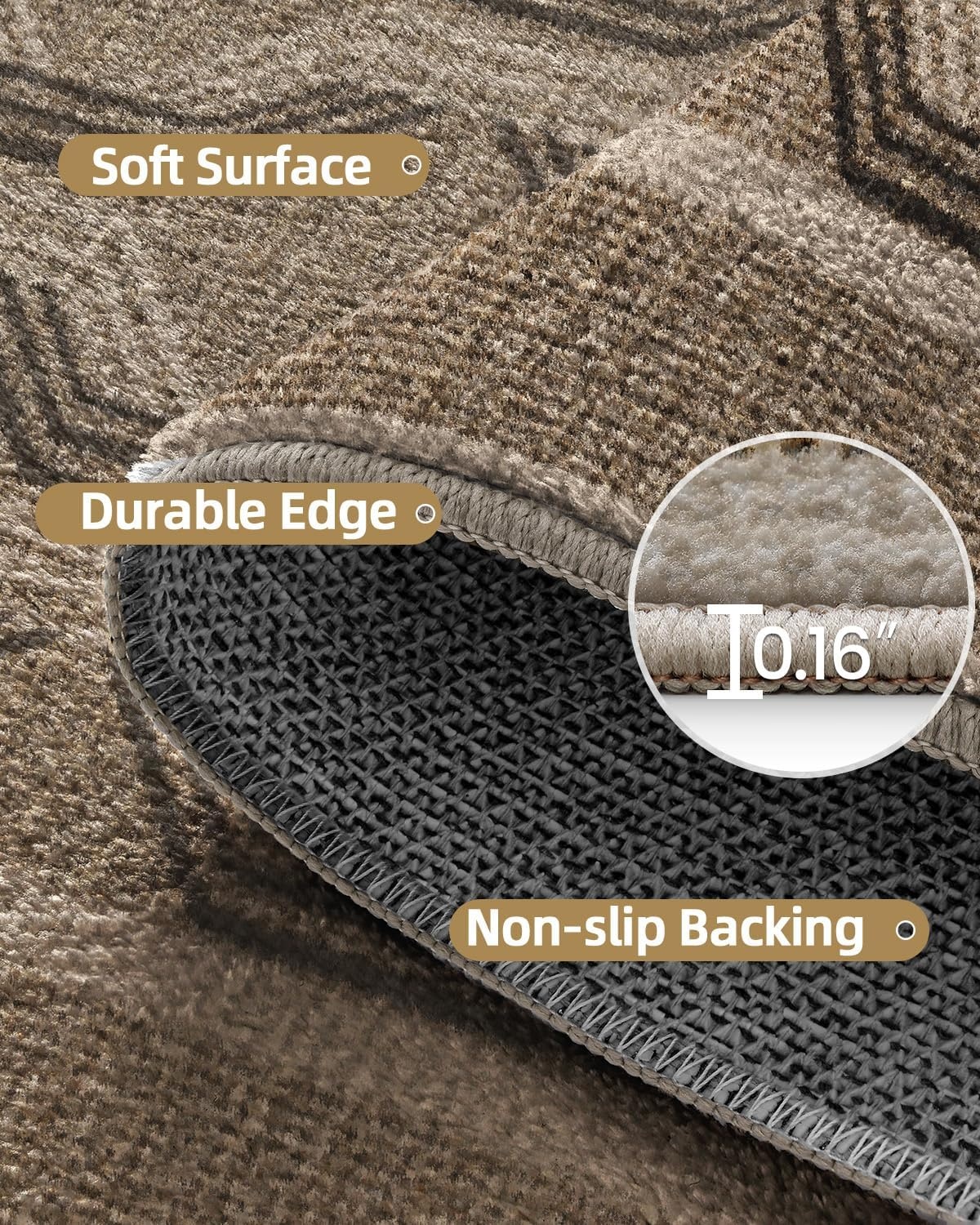 Vloerkleed voor Woonkamer Slaapkamer Eetkamer | 243x305cm Machinewasbaar Lage Stapel 4mm Dun Zacht Modern Geometrisch Anti-slip TPE Achtergrond Bruin