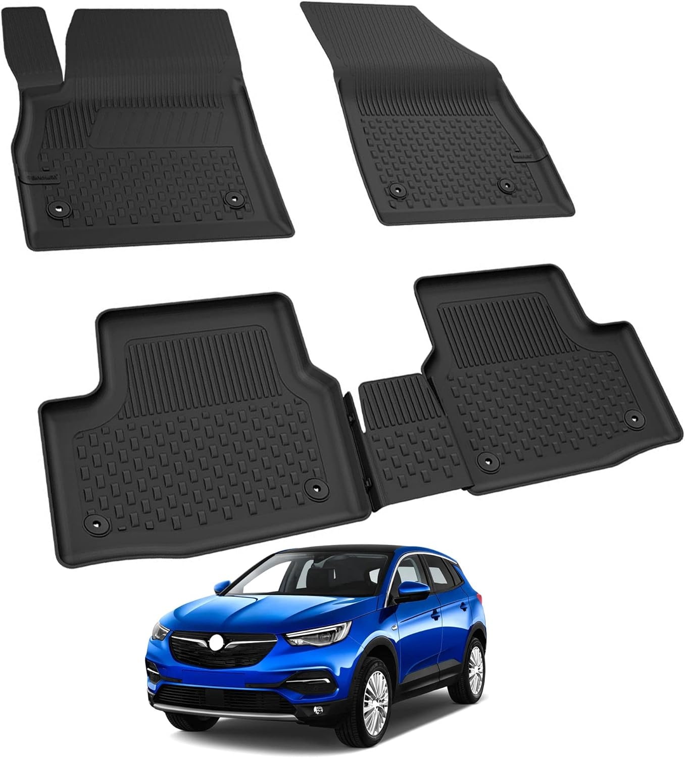 Autovloermatten, compatibel met Opel Grandland X 2017-2024, geurloze 4,5D-pasvorm, all-weather automatten, 4-delig, antislipmat, hoge rand, rubberen matten, zwart, voor achter
