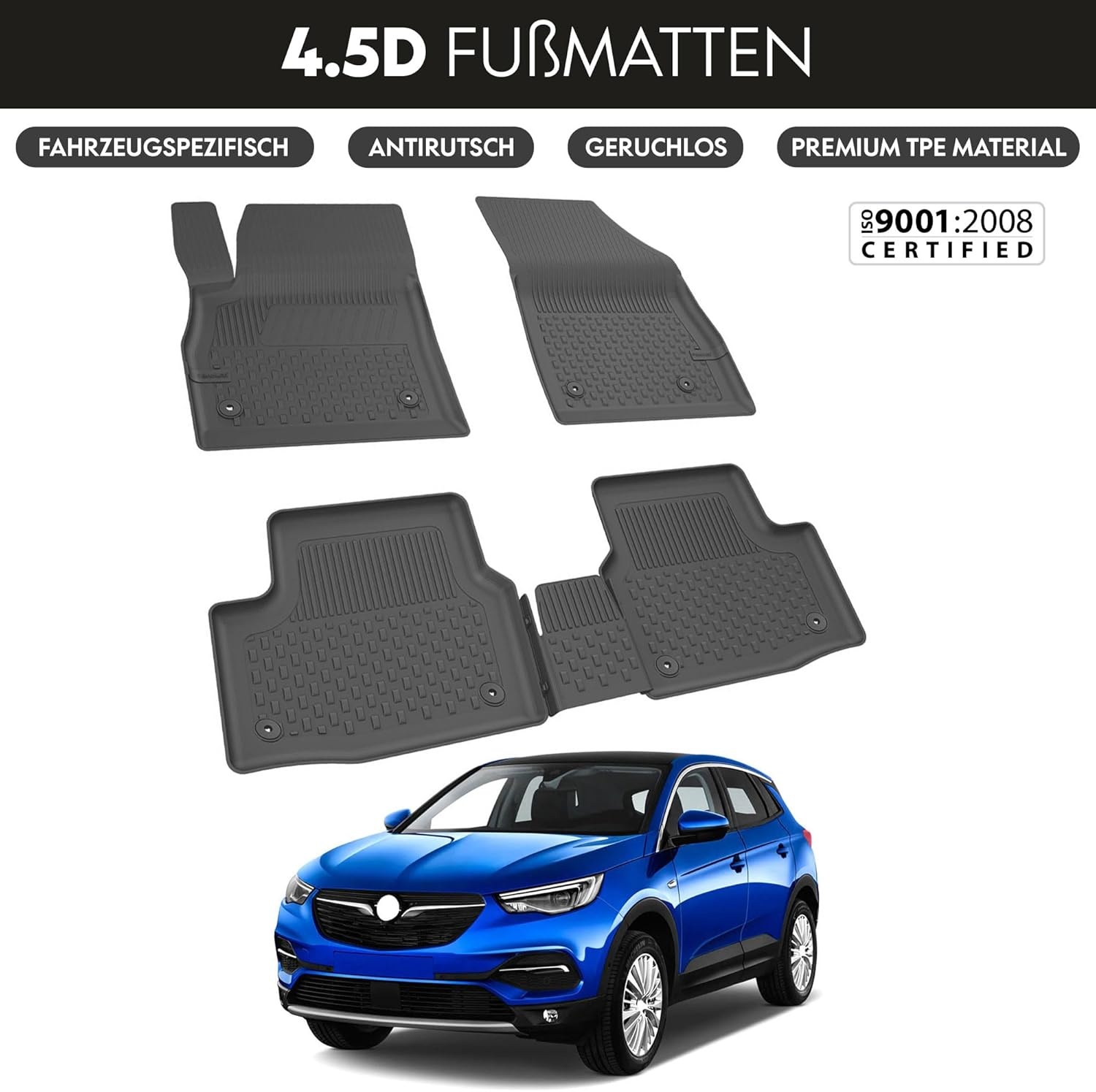 Autovloermatten, compatibel met Opel Grandland X 2017-2024, geurloze 4,5D-pasvorm, all-weather automatten, 4-delig, antislipmat, hoge rand, rubberen matten, zwart, voor achter