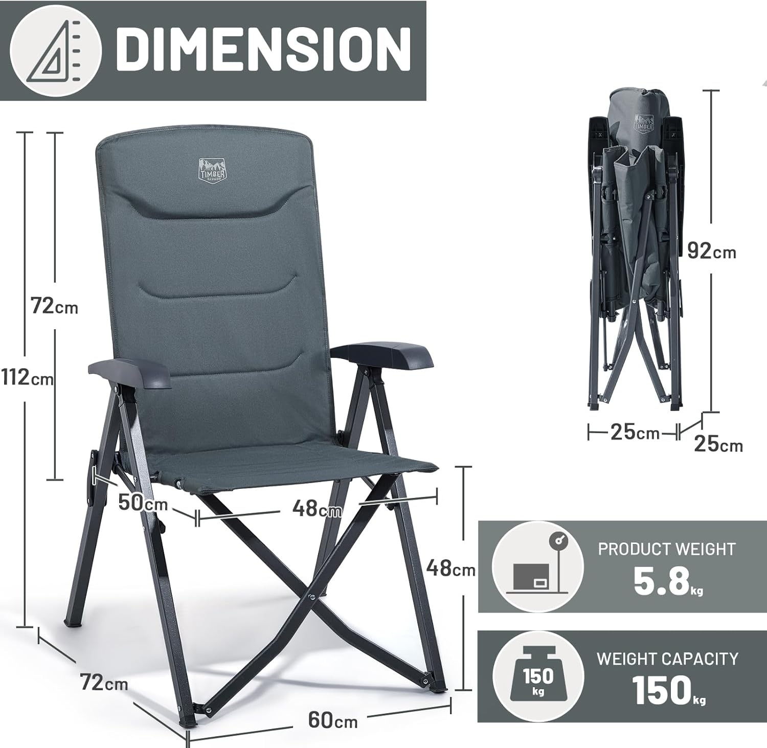 Campingstoel Klapstoel opvouwbaar verstelbare rugleuning 150 kg aluminium grijs met draagtas voor tuin balkon camper