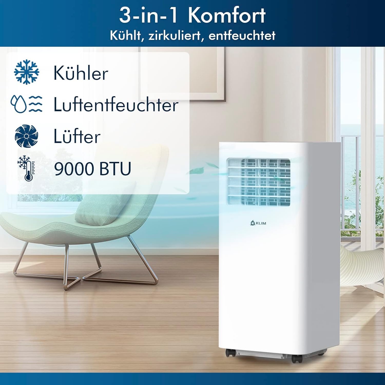 KLIM K9000 Mobiele Airconditioner 3-in-1 - Wit - 9000 BTU - Luchtkoeler, Ventilator & Ontvochtiger met Afstandsbediening
