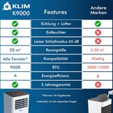 KLIM K9000 Mobiele Airconditioner 3-in-1 - Wit - 9000 BTU - Luchtkoeler, Ventilator & Ontvochtiger met Afstandsbediening