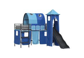 Stoer Kinder Loftbed met Glijbaan & Gordijnen - Zwart/Blauw (-35%)